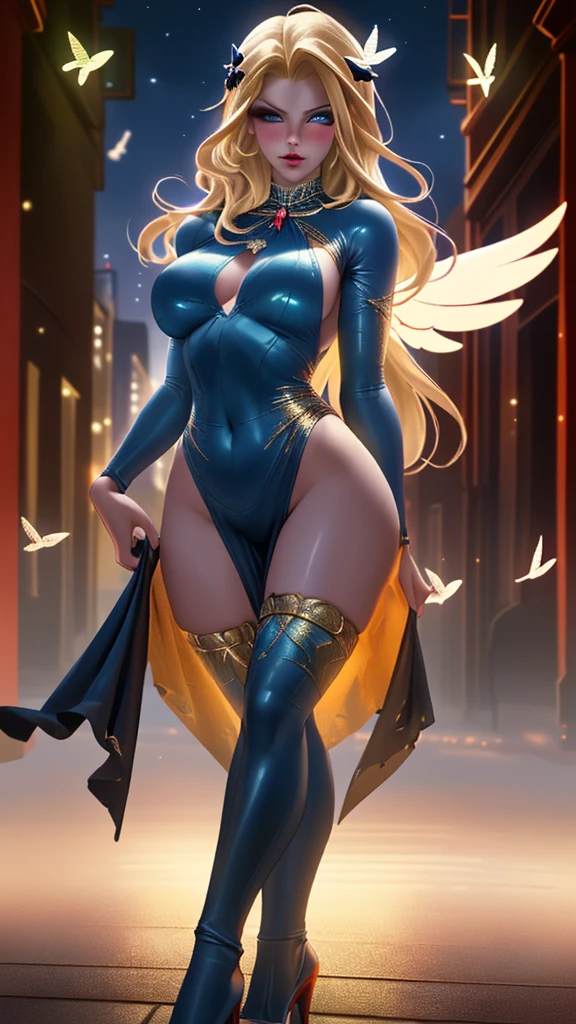 (work of art), (masterpiece), (best quality), a blonde girl, (blue eyes), wearing nothing, brightly lit night city background, red bow, butterflies in golden circle, flowing hair , but g , full figure head to toes , standing beside poles , showing beautiful breasts , awsome thighs,long beautiful legs,angel wearing high heels