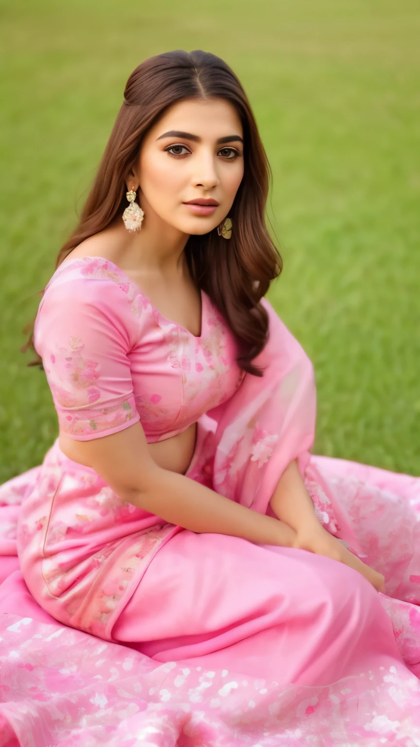 a close up of a woman sitting on the grass in a pink outfit, cute beautiful, very beautiful photo, with lovely look, with beautiful colors, very beautiful girl, some pink, beautiful cute, very extremely beautiful, traditional beauty, * colour splash *, cute woman, dressed in a pink dress, very clear picture, wearing pink floral gown, by Ambreen Butt