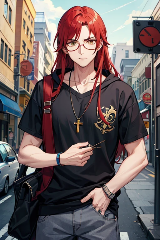 man with long red hair, yellow eyes, wearing glasses, blue jeans, annoyed expression, wearing brown shirt, gray short sleeve jacket hoodie, cross necklace