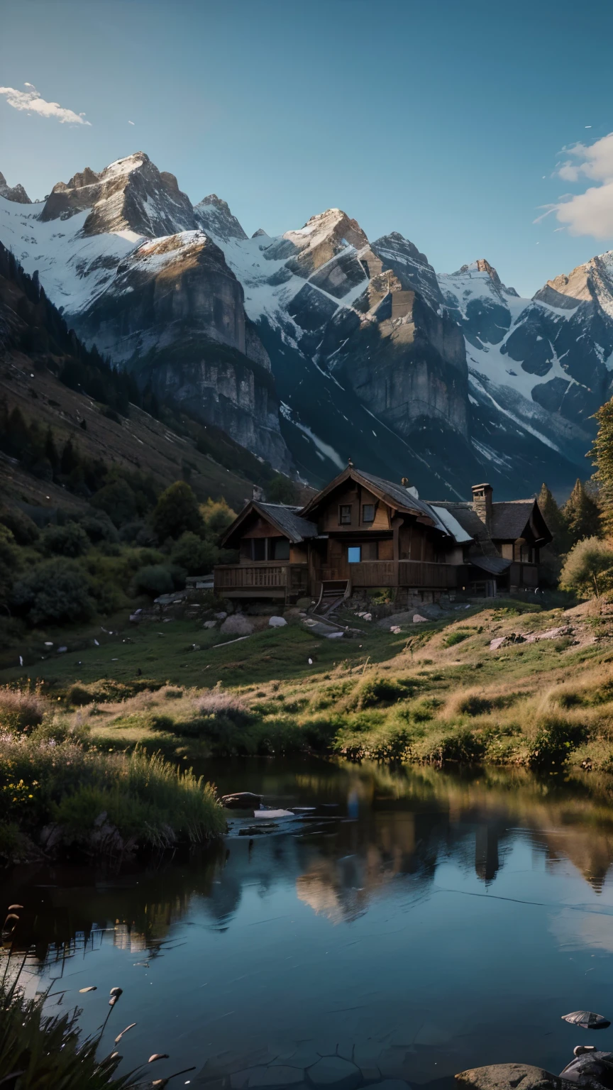 arafed house in the mountains with a view of a valley, mystical setting, realistic render, beautiful photorealistic imagery, inspired by Andreas Rocha, dreamy scene, setting in nature, beautiful render of a landscape, max rive, photorealistic landscape, dreamy and detailed, 5 0 0 px, andreas rocha style, 500px, beautiful detailed scene