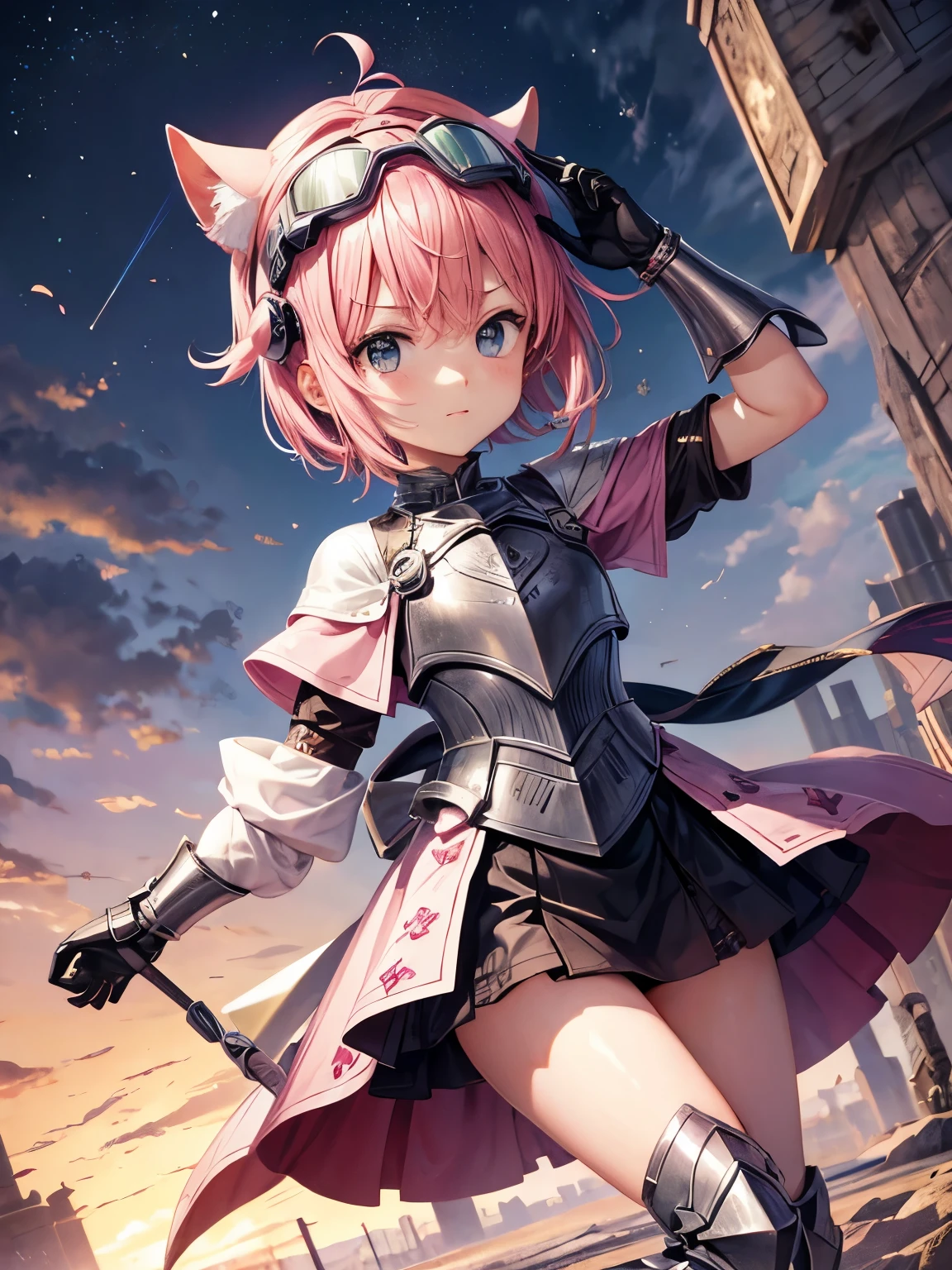 Dressed in armor、12Year old girl、Pink short hair、Goggles on head