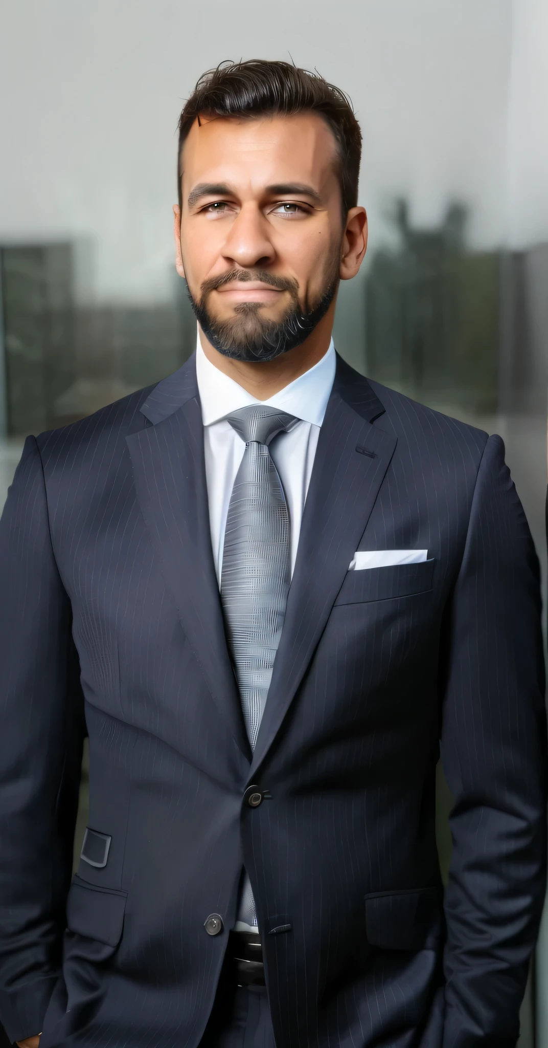 arafed man in a suit and tie standing in front of a wall, pinstripe suit, blue striped tie, corporate portrait, professional profile photo, close-up professional portrait, professional corporate portrait, professional portrait, professional closeup photo, handsome, professional portrait photo, professional profile picture, professional picture, short hair, light brown hair, full beard, big muscles, tight suit