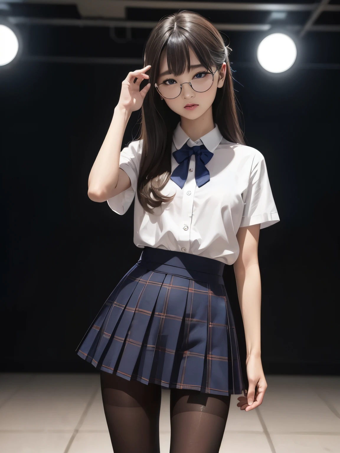 (I can see your underwear),(8K、Writing、Highest quality、masterpiece:1.2),Confused eyes、Half an eye、Are standing、Glamour,Chromo - White skin,Saucy,School,Watching the audience,Looking at the front,Plump,Erotic,pupil,depereblanca,Kune,((Black Pantyhose)),((Black Pantyhose)),Disorganized,Small face,,Flat chest,前hairを真ん中から分けて、The forehead is visible,(Cold look,Tight eyes,Glare,strong,Are thin,Sobbing,irascible)、masterpiece,Highest quality、Ultra-high resolution、Writing真、Benevolence、beautiful shit、one person、solo、Glasses、Dark Look、Small breasts、ふくよかなbody、丸Glasses、JK、high school girl、Japanese women、Are standing、(PhotoReactive:1.37)、Photon Mapping、Real、Beauty、Cute face、Brown eyes、Black socks、(Red bow tie)、Radio City、Physically Based Rendering、Depth of written boundary、blurred background、image、body、Beautiful feet、Long legs、Thin legs、(前hairが見える)、hair、lips、Blue_The目、nose、(Light blue shirt)、(Navy, blue and white plaid pleated skirt)、I can see your knees、transparent clothes、Thighs、black cotton socks、Nogizaka Idol、、Japanese Idols