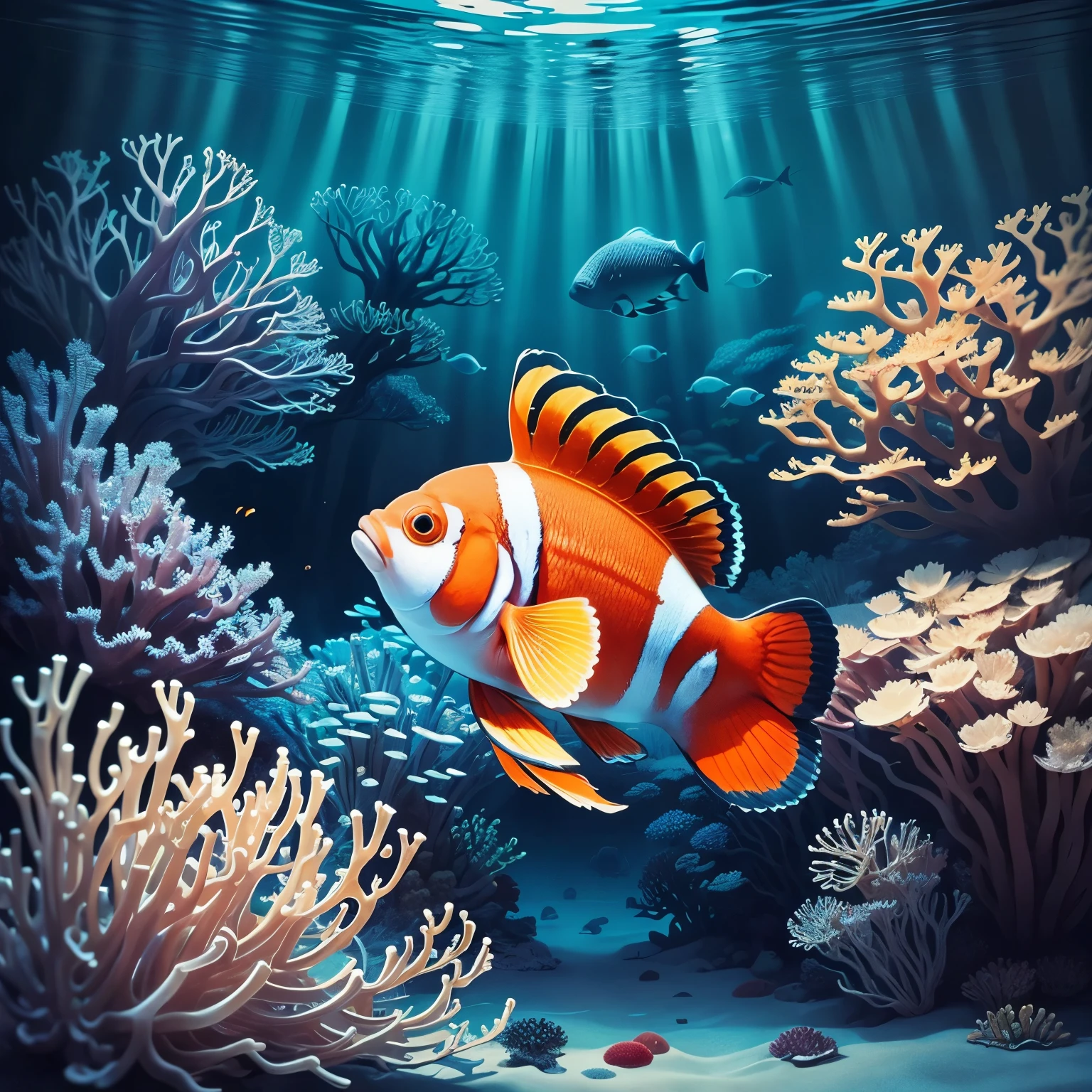 best quality,ultra-detailed,realistic,colorful clownfish in a vibrant coral reef,fascinating underwater world,tropical marine ecosystem,anemone-lined seabed with colorful coral formations,sea anemone swaying gently in the current,playful clownfish swimming among the tentacles,striking orange and white patterns on the clownfish,beautifully intricate scales,shimmering effect created by the light filtering through the water,dazzling array of colors reflected in the pristine blue water,fine details of the clownfish's fins and tail,delicate movement of the clownfish as it navigates through the coral,tiny bubbles rising to the surface as the clownfish playfully explores its surroundings,vivid colors of the surrounding fish species swimming in harmony,sparkling sunlight illuminating the entire underwater scene,aquatic plants swaying gently with the current,serene and peaceful atmosphere in the underwater world,transparent water revealing the mesmerizing beauty of the reef,up-close view of the clownfish's curious and expressive eyes,faint hint of fish chirping sound in the background,bringing life to the captivating underwater painting.