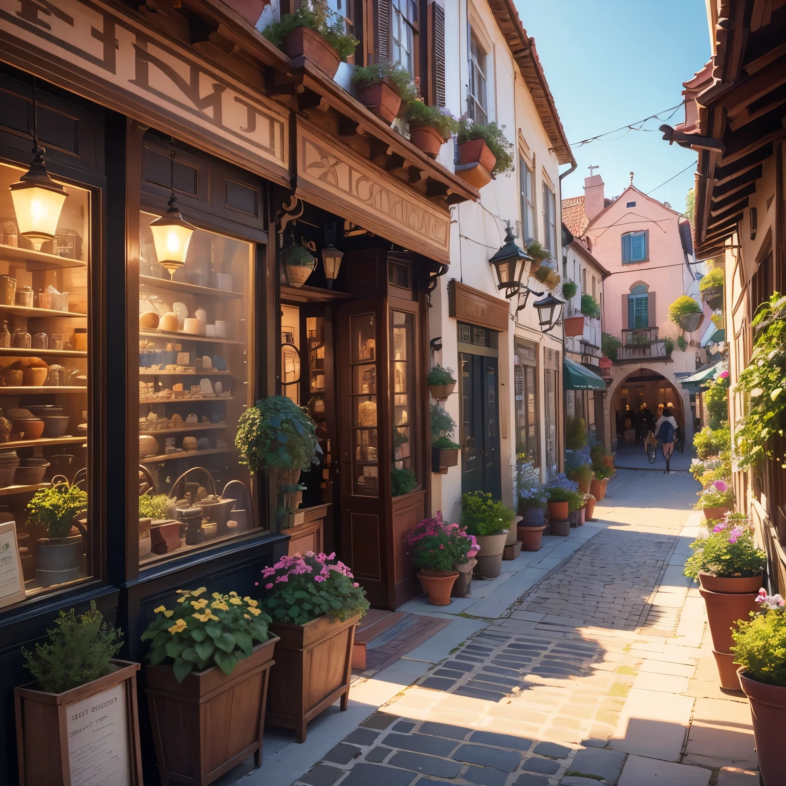 (best quality, 4k, 8k, highres, masterpiece:1.2), (realistic, photorealistic, photo-realistic:1.37), vibrant colors, HDR, charming and lively atmosphere, detailed architecture, antique brick houses, blooming potted plants and flowers, play of light and shadow, bustling street scenes, traditional charm and elegance, cozy neighborhood ambiance, inviting alleys, picturesque views, bustling cafes and shops, bicycle-filled streets, happy pedestrians, intricate details of windows and doors, vintage lanterns, architectural symmetry, charming cobblestone roads