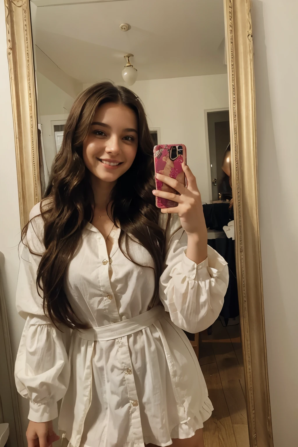 a gorgeous brunette woman with long wavy hair , taking a selfie in front of a mirror , getting ready to go out , wearing fashioned cloths for a morning get away, 23 ans , having a great fun smile, happiness