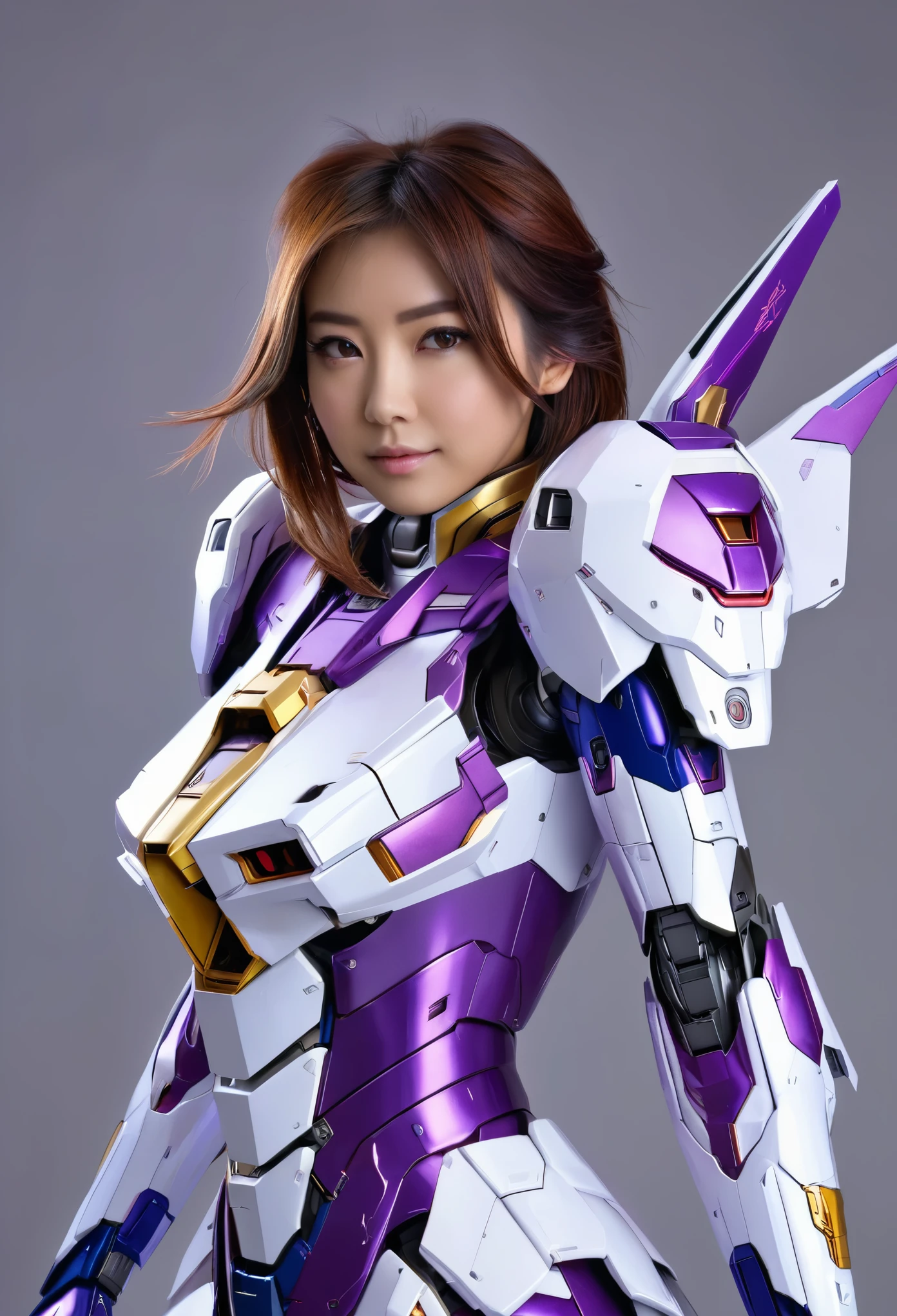 RAW, Masterpiece, Ultra Fine Photo,, Best Quality, Ultra High Resolution, Photorealistic, Sunlight, Full Body Portrait, Stunningly Beautiful,, Dynamic Poses, Delicate Face, Vibrant Eyes, a full body of a woman in a purple and white gundam custume, dybamic pose, long brown very very long hair rapunzel, girl in mecha cyber armor, portrait armored astronaut girl, d. va from overwatch, female mecha, on a gundam, gundam head, chiho aoshima color scheme, mobile suit, streamlined purple armor, fully robotic!! girl, realistic cosplay, gundam armor , full body, sit down, full body