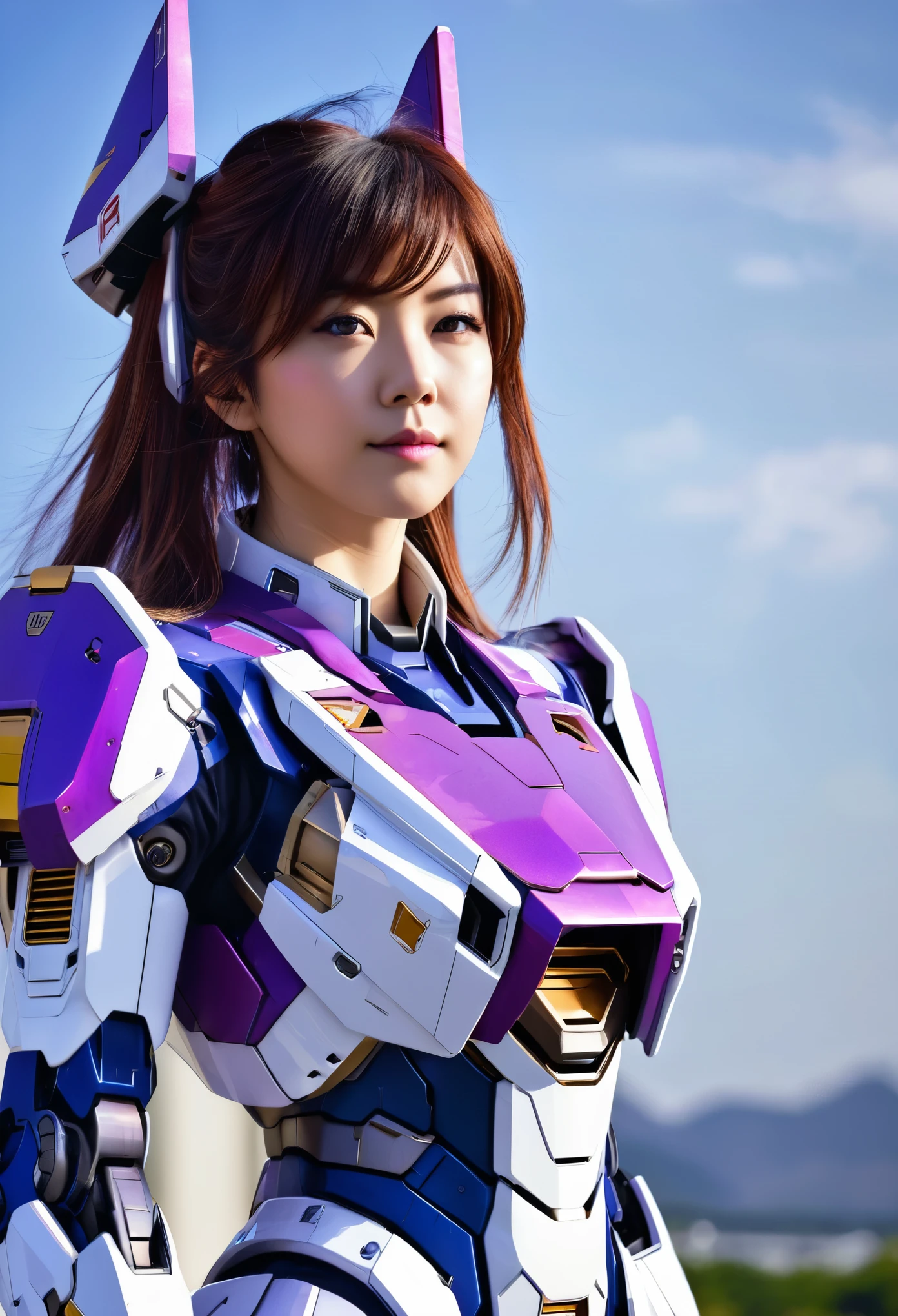 RAW, Masterpiece, Ultra Fine Photo,, Best Quality, Ultra High Resolution, Photorealistic, Sunlight, Full Body Portrait, Stunningly Beautiful,, Dynamic Poses, Delicate Face, Vibrant Eyes, a full body of a woman in a purple and white gundam custume, dybamic pose, long brown very very long hair rapunzel, girl in mecha cyber armor, portrait armored astronaut girl, d. va from overwatch, female mecha, on a gundam, gundam head, chiho aoshima color scheme, mobile suit, streamlined purple armor, fully robotic!! girl, realistic cosplay, gundam armor , full body, sit down, full body