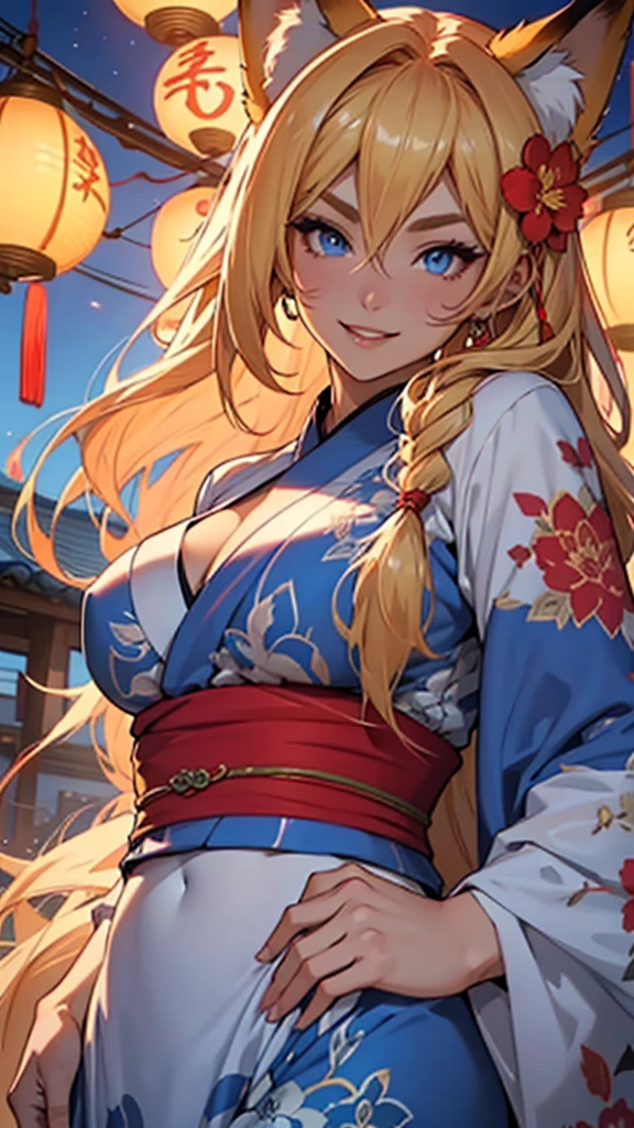 A portrait of a radiant adult woman with a warm smile directed at the viewer, she have nine "vulpine tails"(foxtails),Ahri (league of legend), Her long blonde hair is straight(frensh braid)(hair red flower)((hime cut)),"Her hairs are hidding her ears", Her eyebrows are small and refined, captivating purplish-blue eyes with bold red eyeshadow applied generously at the bottom of her eyes, Her facial features are delicate and finely shaped with a small refined nose and full lips, large and tall fluffy fox ears in vibrant orange with black tips, no clevage, Woman body set big breasts((accentuated large hips)), perfect body, She wears a wide traditional blue yukata adorned with intricate floral patterns(blue yukata),the background features a vibrant Chinese New Year celebration, lanterns, fireworks, traditional decorations, beautiful scenery,(Masterpiece, best quality, ultra-detailed),8k ultra-detailed features