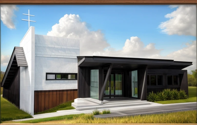 exterior church, contemporary style, white wall, wood wall, wood door, glass window, (realistic:1.2), Masterpiece, high quality, best quality, authentic, super detail, outdoors,road,pavement, grass, trees, sky, cloud, (daylight:1.1), cross at the top