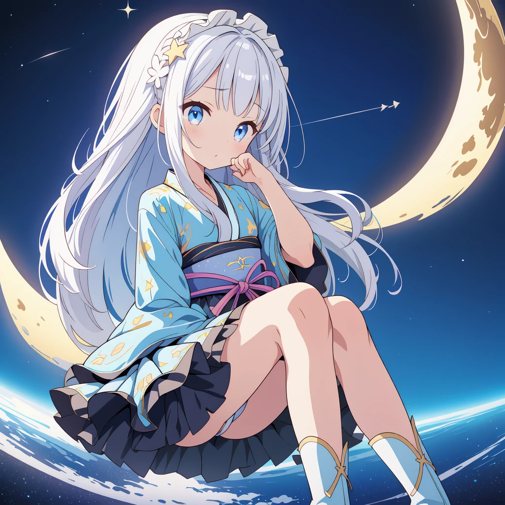 Little、cute、Star Fairy、(masterpiece, best quality), 1girl, sitting on the crescent moon、「A beautifully printed galaxy patterned kimono and gothic lolita outfit.、Space pattern box pleated mini skirt with ruffles、Front view portrait、Knee-high boots、Captivating eyes、Perfect and stunning face、Exquisite details、Clear images、highest quality。」Milky white and light blue gradient long straight hair、