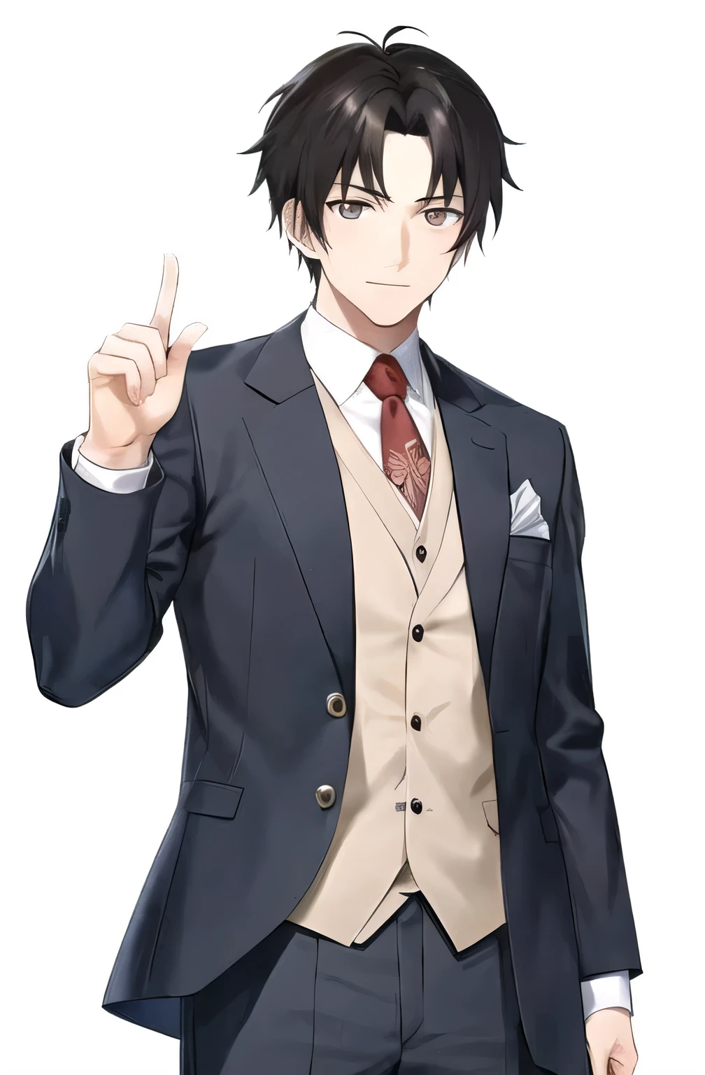 Anime man in a suit, Handsome anime poses, male anime character, Anime handsome man, Tall anime man with blue eyes, Inspired by Sugiura Emerald, Single character whole body, Young anime male positive roman, Hijikata Toushiro, Use your index finger, Inspired by Masanobu Okumura, well dressed
