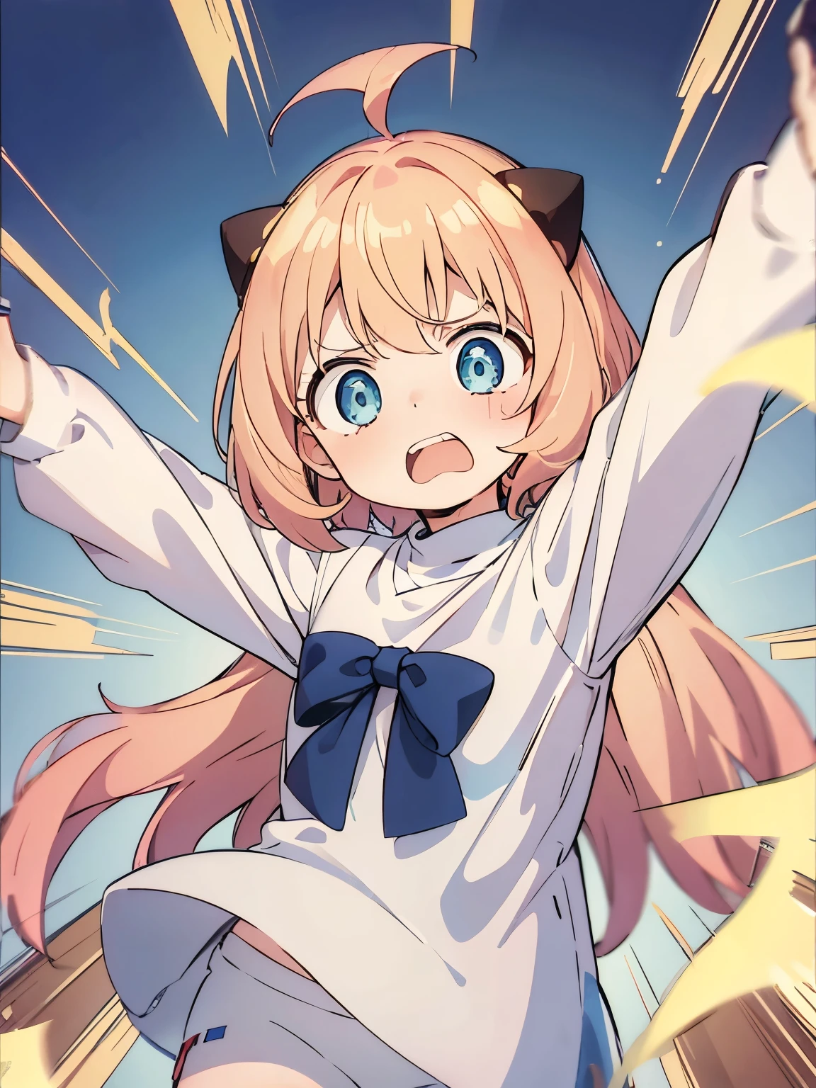 1girl,6 ,Expression of panic, hysterics, teeth showing,blonde hair, blonde hair,blue eyes,Long sleeve t-shirt,Blue blouse, white short skirt, running, very cute, very short hair, side bangs,ultra detail, ultra HD