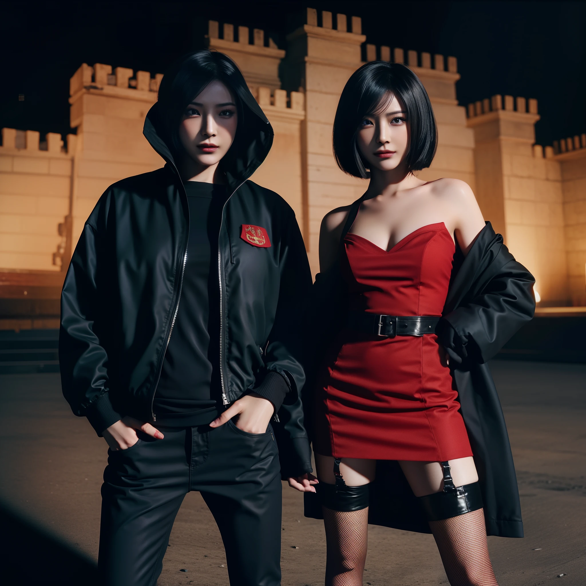 Ada wong, Asian women, beautiful face, openchest, red dress, bob hair, red nails, little smile, hd