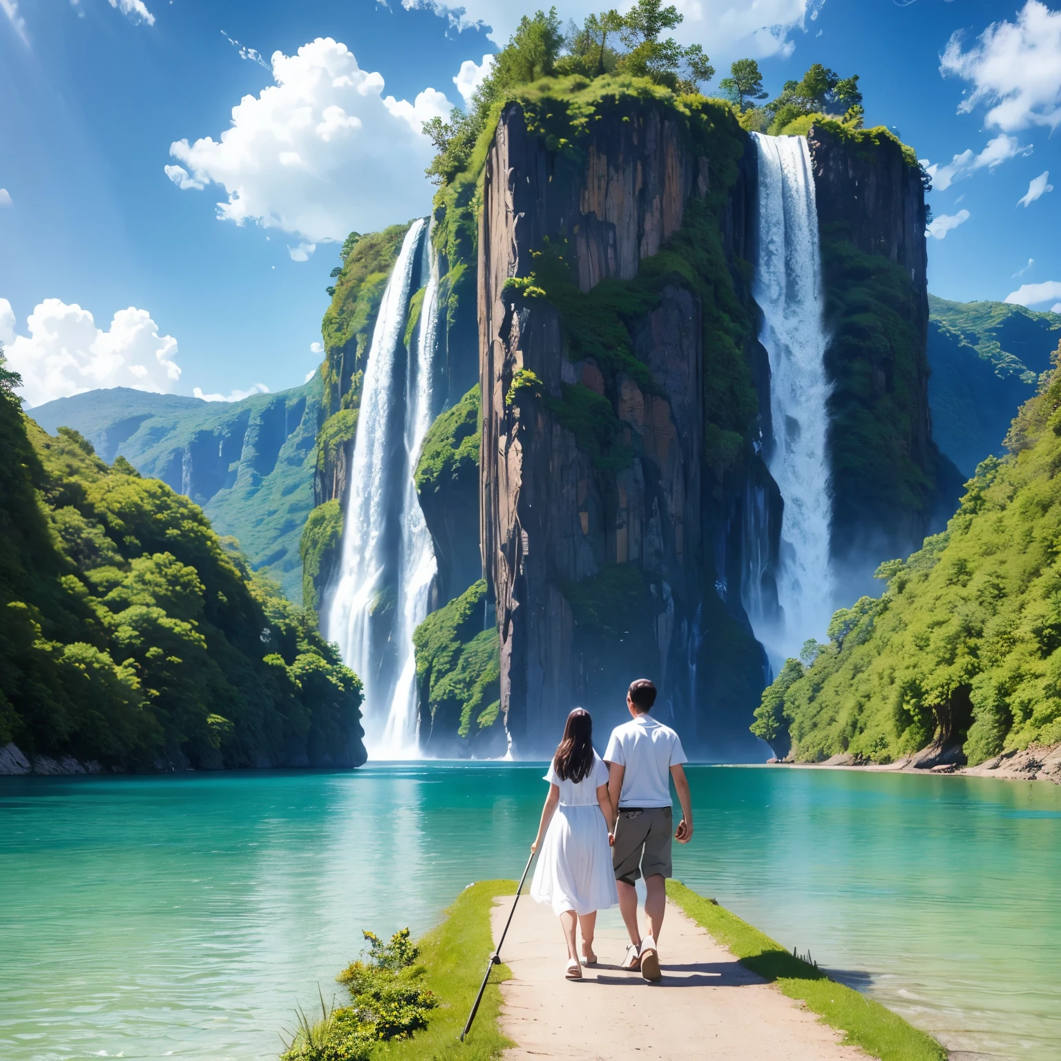 Fantasy art of  GOD walking with a teenage girl on water looking at heaven 