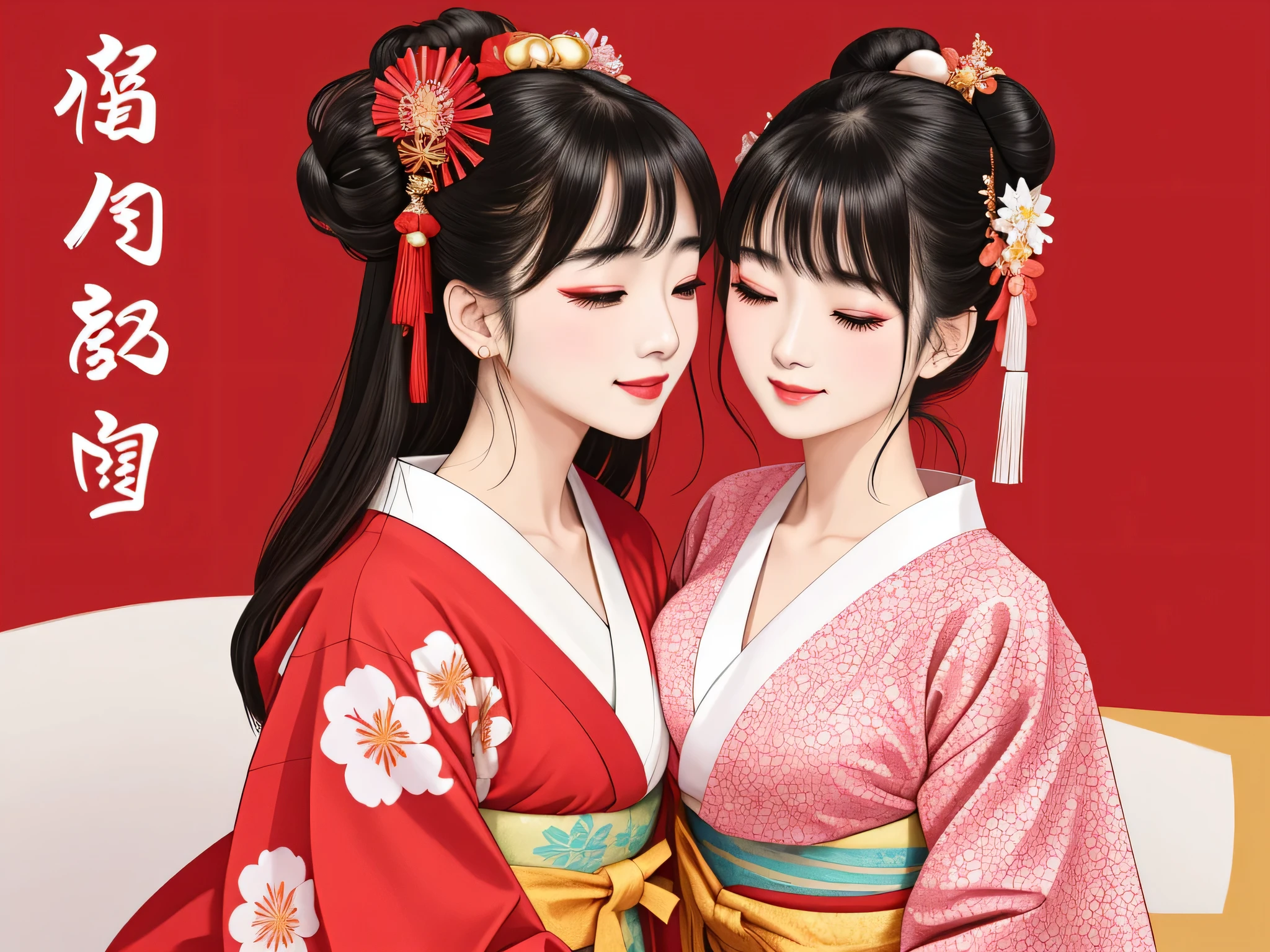 Each has a different expression２People and sisters、(２ girls）、｟Dancing traditional performing arts gracefully)、((Big Breasts、Small Face、Not exposed))、highest quality、masterpiece、（Black Hair、Bun Hair）、Brown Eyes、｟Wide angle、Angle from above, from the waist up、Pause on the magazine cover、Each person has a different perspective when looking into the distance｠、(８K high quality、masterpiece、High resolution、Realistic and beautiful light and shadow、(highest quality)、(High Resolution)、(Very delicate and beautiful)、(Beautiful 8k face)、(Smiling and closing your eyes、Beautiful eyes)、(Clear skin)、(Soft hair)、(８Head to Body)、(A Japanese style yukata kimono with red, pink and orange floral patterns on a white background, interspersed with gold powder、Five beautiful Japanese girls wearing yukata)、((Tanabata decoration background))、((Small Face))、(arms up)、Thin and small nose、（Red lipstick）、（Make your cheeks red）、（Glossy skin）、((Ink painting style))、Very thin eyebrows、Overall ultra-high image quality、（She is wearing maiko-style makeup.）、Whitening、Long and beautiful eyelashes、Glowing Skin、（Red cheeks）,Straight nose、masterpiece、highest quality、whole body、 Eyebrows visible through hair、Bun Hair、Grin、Gal、Kogal、Viewer&#39;s Eyes、Plaid、Stylish、woman、fine、Pause、
Waiting to start 
