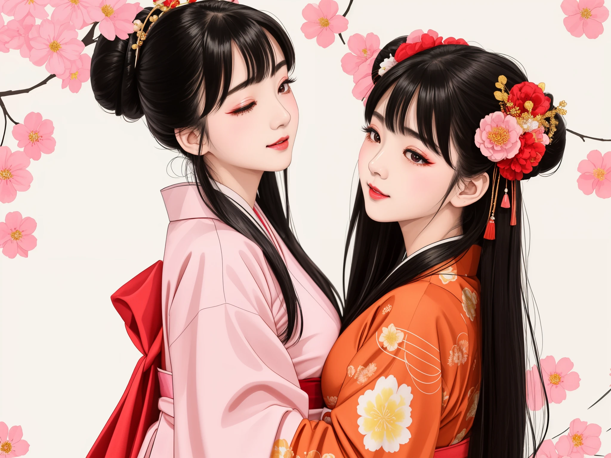 Each has a different expression２People and sisters、(２ girls）、｟Dancing traditional performing arts gracefully)、((Big Breasts、Small Face、Not exposed))、highest quality、masterpiece、（Black Hair、Bun Hair）、Brown Eyes、｟Wide angle、Angle from above, from the waist up、雑誌の表紙のPause、Each person has a different perspective when looking into the distance｠、(８K high quality、masterpiece、High resolution、Realistic and beautiful light and shadow、(highest quality)、(High Resolution)、(Very delicate and beautiful)、(Beautiful 8k face)、(Smiling and closing your eyes、Beautiful eyes)、(Clear skin)、(Soft hair)、(８Head to Body)、(A Japanese style yukata kimono with red, pink and orange floral patterns on a white background, interspersed with gold powder、Five beautiful Japanese girls wearing yukata)、((Tanabata decoration background))、((Small Face))、(arms up)、Thin and small nose、（Red lipstick）、（Make your cheeks red）、（Glossy skin）、((Ink painting style))、Very thin eyebrows、Overall ultra-high image quality、（She is wearing maiko-style makeup.）、Whitening、Long and beautiful eyelashes、Glowing Skin、（Red cheeks）,Straight nose、masterpiece、highest quality、whole body、 Eyebrows visible through hair、Bun Hair、Grin、Gal、コGal、Viewer&#39;s Eyes、Plaid、Stylish、woman、fine、Pause、
Waiting to start 
