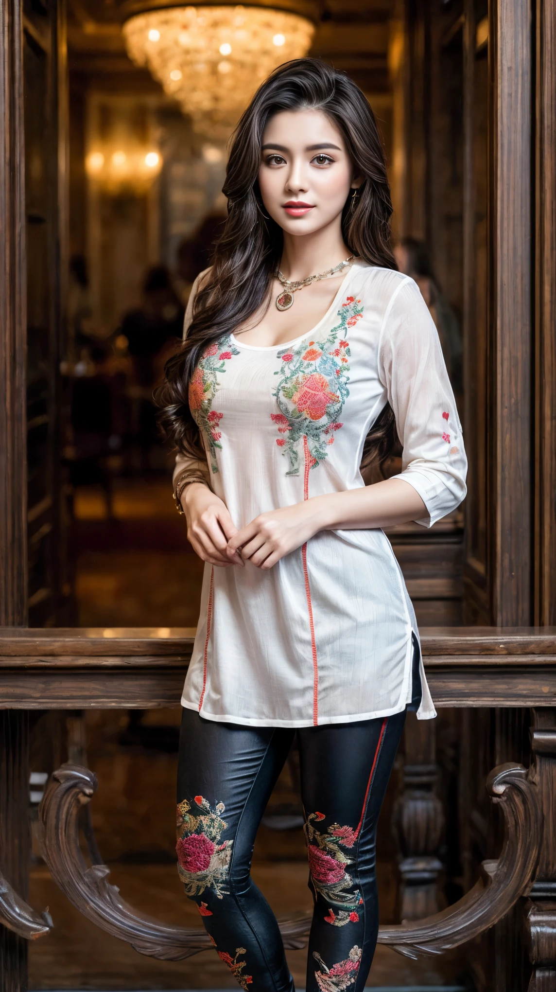 (A girl in luxury office), 1girl, solo girl, 20 year old girl, (full body shot:1.5), (Masterpiece:1.2), (hyperrealistic, hyperdetailed), (looking at viewers), sharpen, ultra realistic face, detailed face, detailed eyes, detailed lips, red lips, beautiful face, 16k, FHD, raw photo, pretty face mesh, intricate, extremely detailed, ultra realistic texture, smooth skin, realistic face, glow lip, very_high_resolution, perfect figure, fit body, beautiful ponytail hair style, fancy hair ornaments, (attractive sagging breast, perky breasts, perfect rounded breasts, long areola, cleavage), (attractive body figure), (fancy high heel), ((embroidery fancy kurta), (embroidery kurta), embroidery luxury kurta, bodycon kurta, fancy kurta, skinny sleeves, fancy leggings).