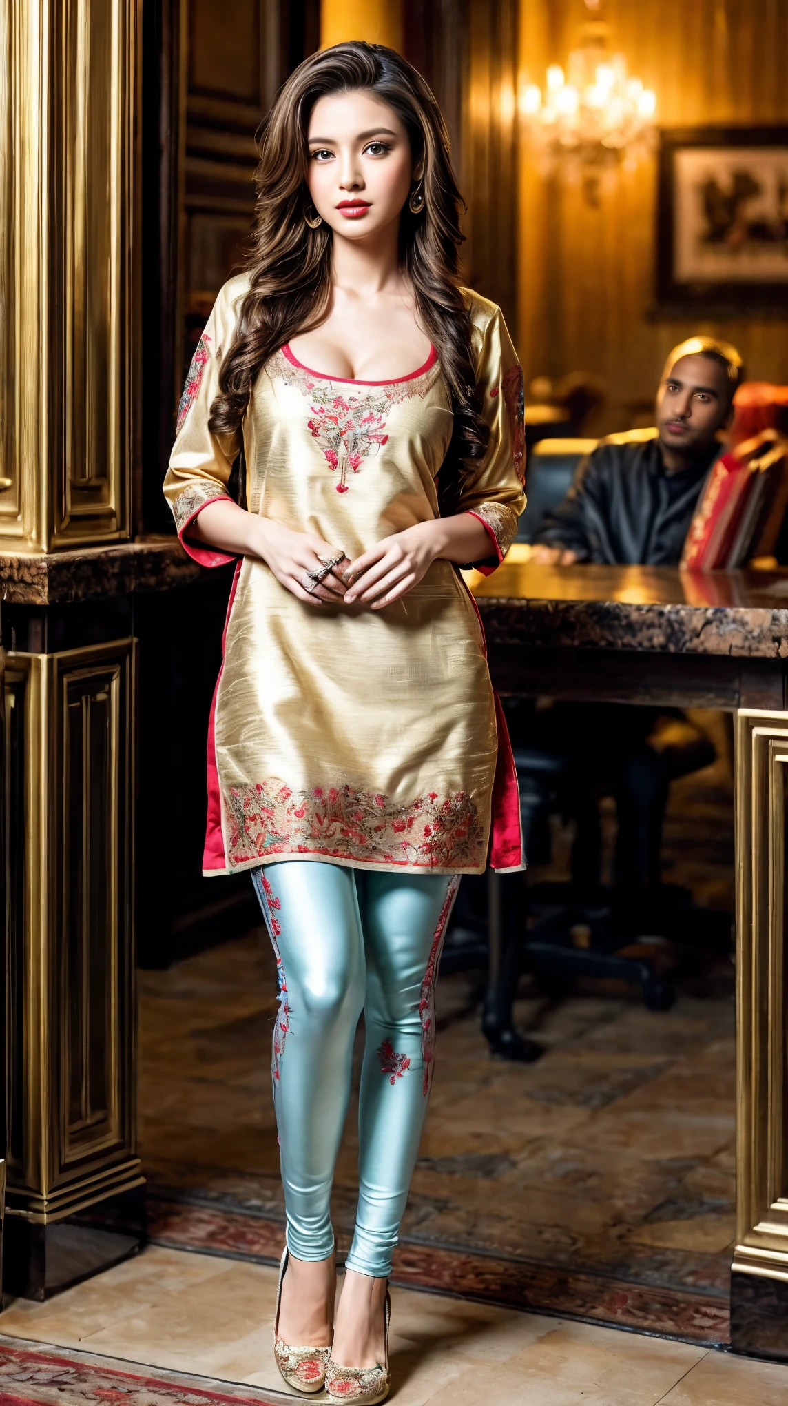 (A girl in luxury office), 1girl, solo girl, 20 year old girl, (full body shot:1.5), (Masterpiece:1.2), (hyperrealistic, hyperdetailed), (looking at viewers), sharpen, ultra realistic face, detailed face, detailed eyes, detailed lips, red lips, beautiful face, 16k, FHD, raw photo, pretty face mesh, intricate, extremely detailed, ultra realistic texture, smooth skin, realistic face, glow lip, very_high_resolution, perfect figure, fit body, beautiful ponytail hair style, fancy hair ornaments, (attractive sagging breast, perky breasts, perfect rounded breasts, long areola, cleavage), (attractive body figure), (fancy high heel), ((embroidery fancy kurta), (embroidery kurta), embroidery luxury kurta, bodycon kurta, fancy kurta, skinny sleeves, fancy leggings).