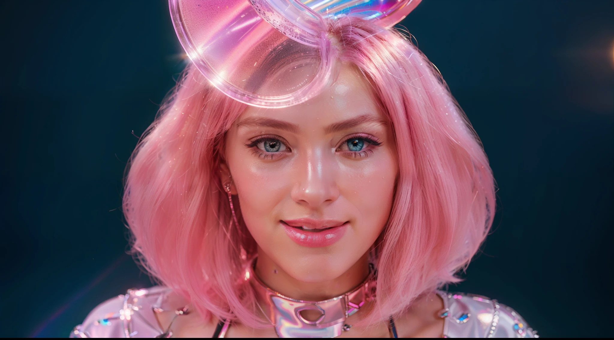 there is a woman wearing a pink wig with a pink ice cream cone on top, pink iconic character, close up character, closeup character portrait, loony tunes style, pink face, unreal engine : : rave makeup, digital art. big pink eyes, 3d illustration, 3 d illustration, candy girl, glossy texture, smooth 3d model, multiple light sources, rim light, sharp post effects render, (glossy plastic texture with multiple big light probe refractions), perfect cgi, smooth silhouette, high intensity refraction, (super glossy material), most beautiful vfx, blue background, plastic refractions, realistic, 4k, high resolution, rim light, photo shoot, commercial photo, profile shot, 4k, rim light, high resolution, 4k, glossy texture, smooth 3d model, multiple light sources, rim light, sharp post effects render, (glossy metallic texture with multiple big light probe refractions), perfect cgi, cgi art created only with gradients, smooth silhouette, high intensity refraction, (super glossy chrome material), most beautiful vfx, blue background, chrome metal refractions, multiple light sources, rim light, sharp post effects render, perfect cgi, digital art, detailed digital art, reflective, best quality, 4k, masterpiece:1.2, ultra-detailed, realistic, vivid colors, dark and moody lighting, The image of the highest quality, ensuring every detail showcased perfectly. It in 4k resolution, allowing viewers to immerse themselves in the richness of the colors and intricate details. The realistic rendering. under the spotlight, reflecting, high-resolution image, realistic rendering, dark background, and rim light photorealistic