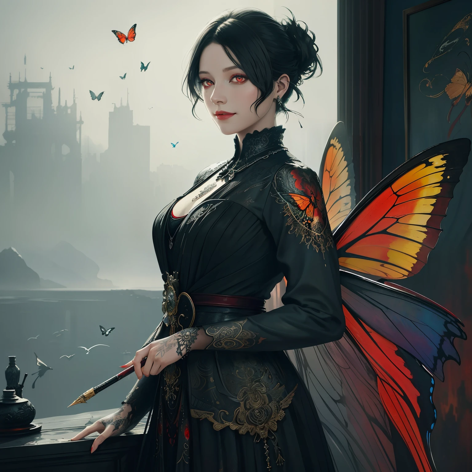 Colorful beautiful woman: Black ink flow: 8k resolution photorealistic masterpiece: by Aaron Horkey and Jeremy Mann: intricately detailed fluid gouache painting: by Jean Baptiste Mongue: calligraphy: acrylic: watercolor art, professional photography, natural lighting, volumetric lighting maximalist photoillustration: by marton bobzert: 8k resolution concept art intricately detailed, complex, elegant, expansive, fantastical, short hair, updo, bloody-red eyes, red eyes, ironic smile, dark butterfly wings, large wings