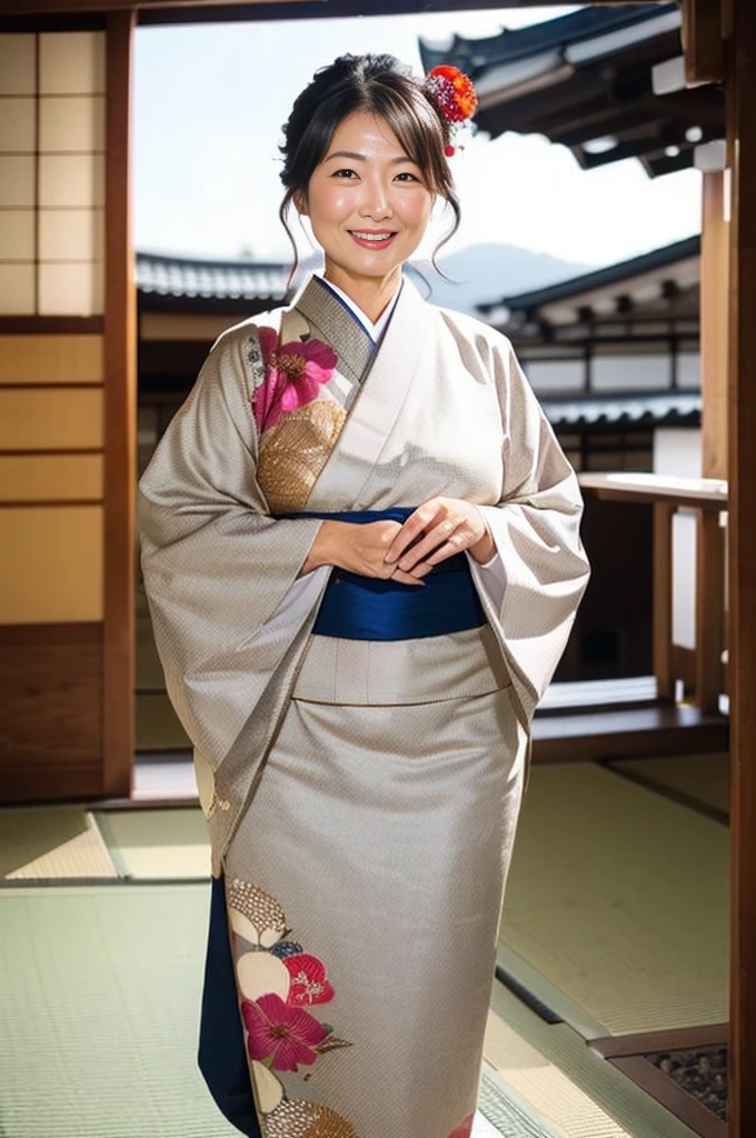 (top quality,masterpiece,ultra-detailed,photo realistic,Textured skin,anatomically correct,1.2),kimono,(45 years old),(Japanese mature woman),(Focus on people),detailed face,Natural eyebrows,flat lighting,(1 girl),smile a little,in kyoto,