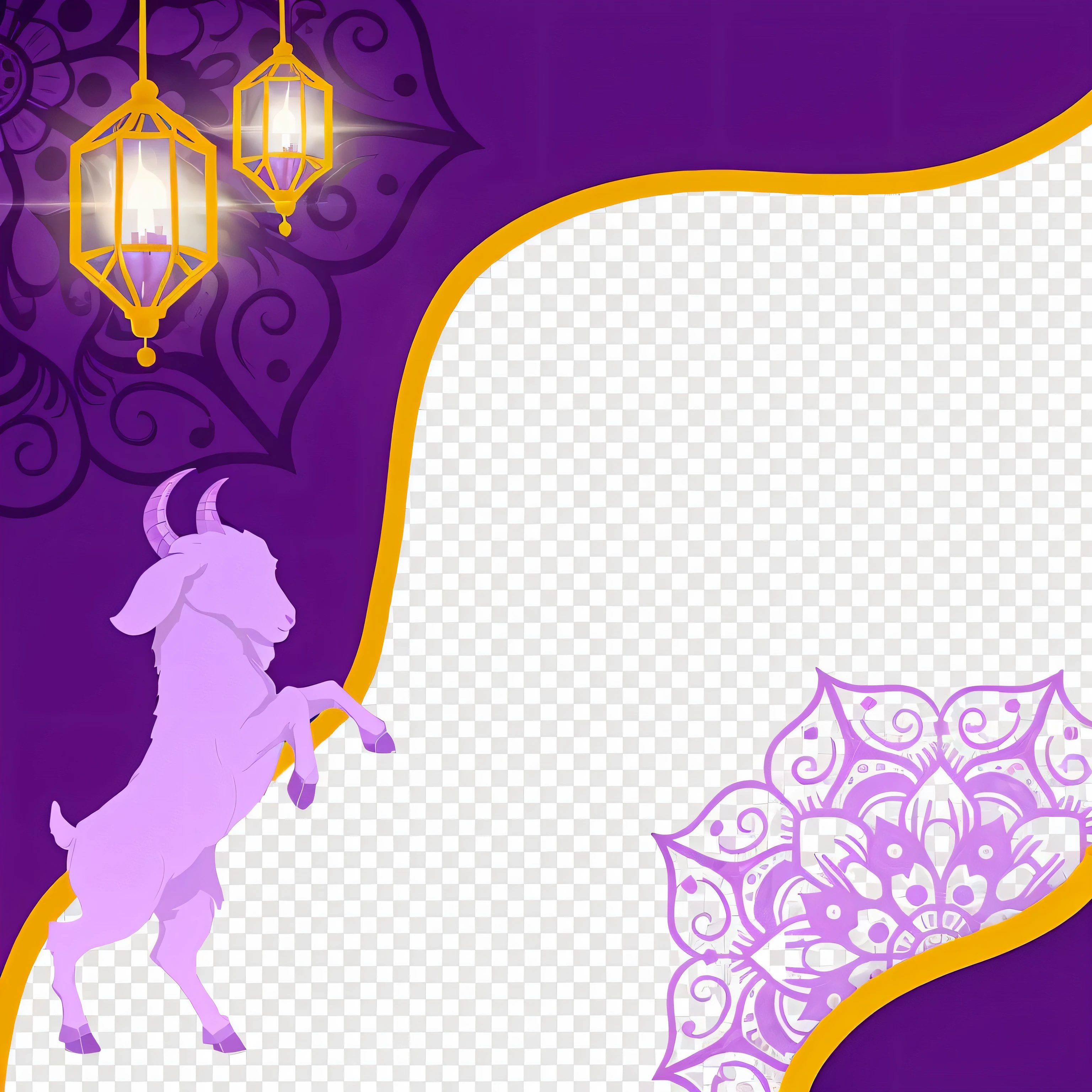 purple and gold background with a goat and a lantern, background is purple, isolated background, best on adobe stock, in simple background, poster background, background image, violet colored theme, transparent background, holding a goat head staff, on clear background, hyper detailed background, lamb and goat fused as one, background removed, nitid and detailed background, transparent backround