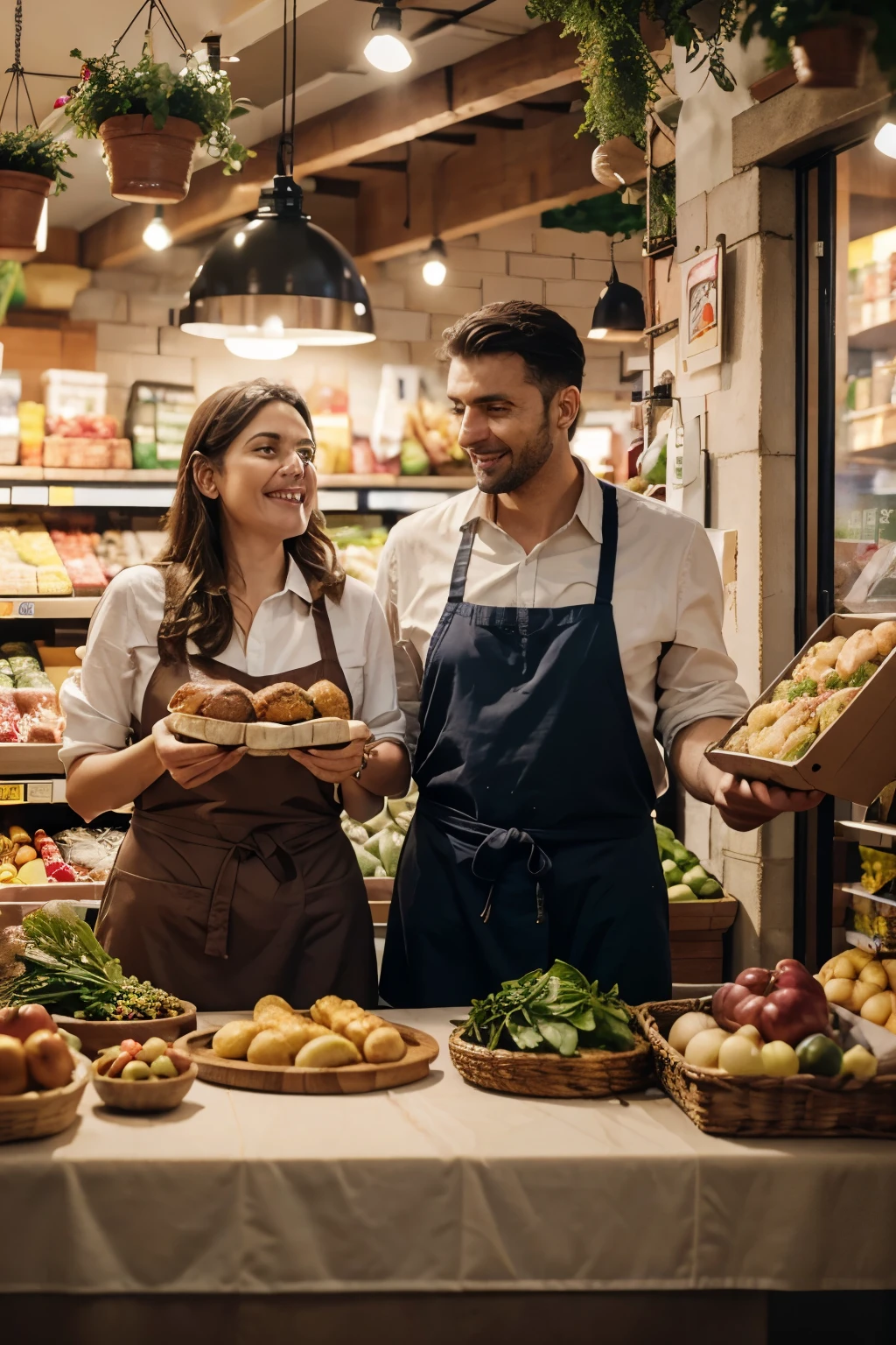 best quality, ultra photorealistic, photorealism, 8k, photograph, italian food lovers with italian grocery on table that are excited about big sale