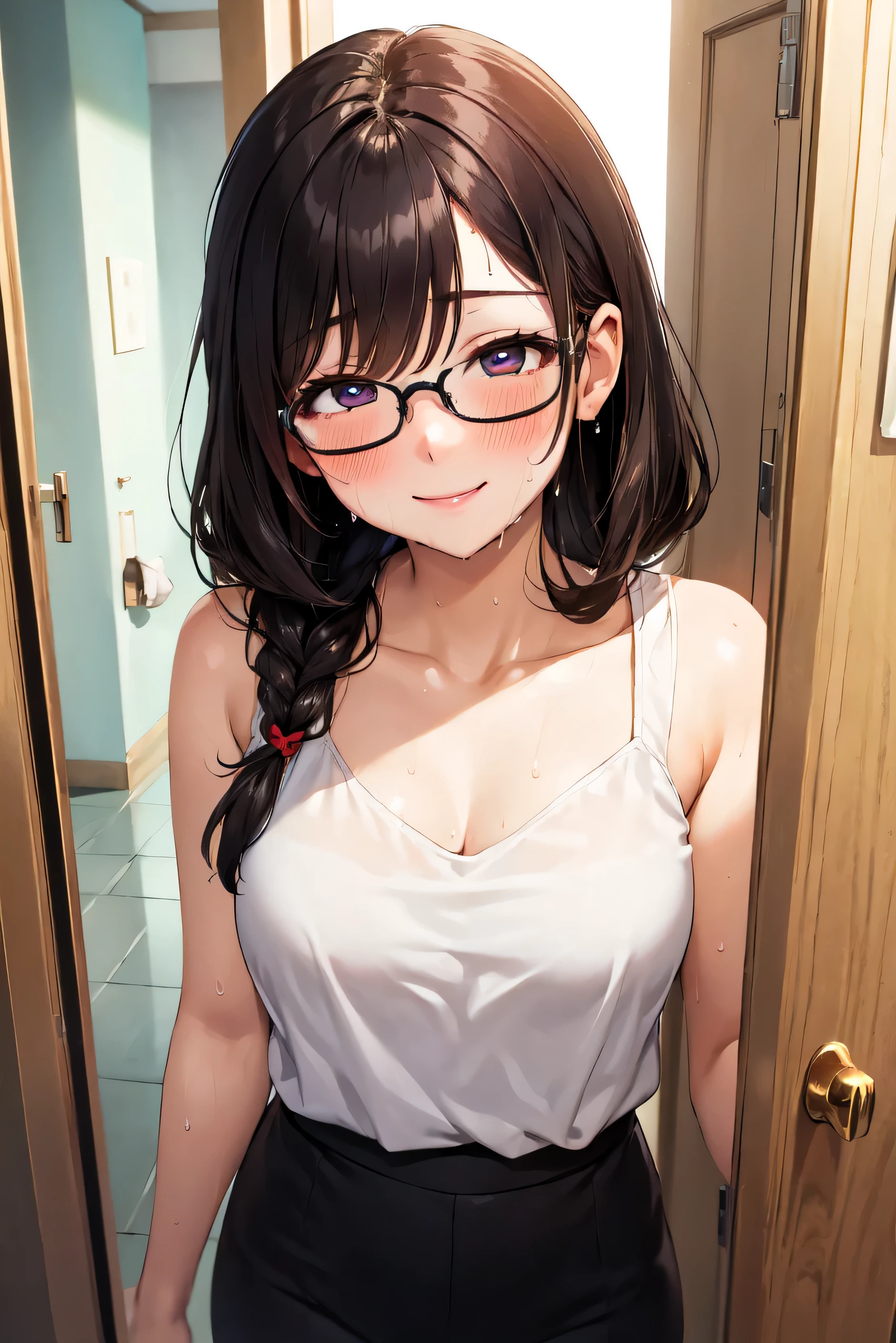 (high quality, High resolution, The finer details), (masterpiece, high quality, High resolution:1),Girl 1 person,alone,chest,pov doorway, Open door, doorway, false smile,Are standing, (Sweat:1.3)，Sidewalk, Side view, alone, girl, Braid, , Sparkling eyes, (large round frame glasses), (Beautiful Eyes), Small breasts, ((A kind smile)), blush, Sweat, Oily skin, (focal plane), Shallow depth of field，