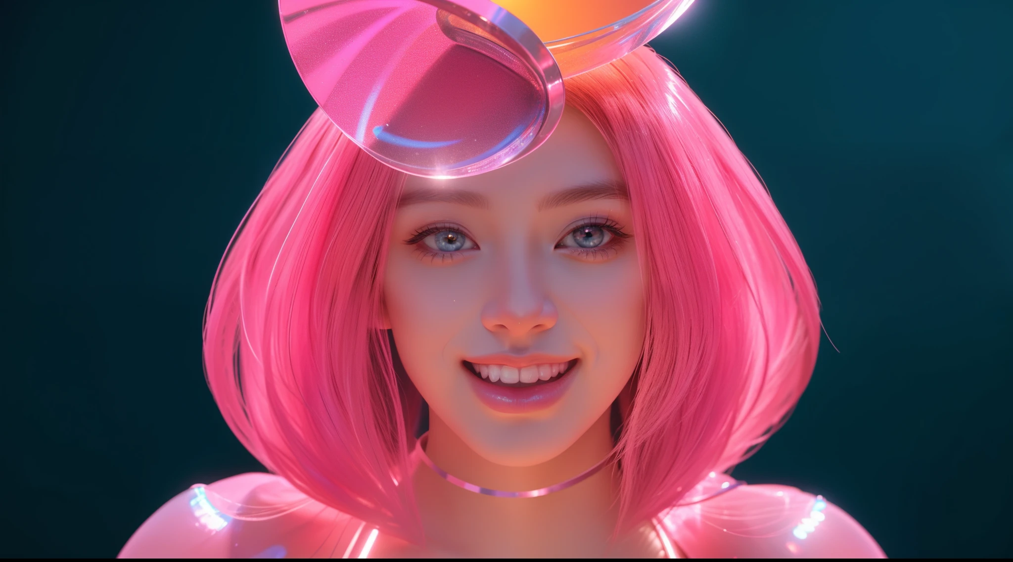 there is a woman wearing a pink ice cream cone on top, her hairstyle is made of candy, pink iconic character, close up character, closeup character portrait, loony tunes style, pink face, unreal engine : : rave makeup, digital art. big pink eyes, 3d illustration, 3 d illustration, candy girl, glossy texture, smooth 3d model, multiple light sources, rim light, sharp post effects render, (glossy plastic texture with multiple big light probe refractions), perfect cgi, smooth silhouette, high intensity refraction, (super glossy material), most beautiful vfx, blue background, plastic refractions, realistic, 4k, high resolution, rim light, photo shoot, commercial photo, profile shot, 4k, rim light, high resolution, 4k, glossy texture, smooth 3d model, multiple light sources, rim light, sharp post effects render, (glossy metallic texture with multiple big light probe refractions), perfect cgi, cgi art created only with gradients, smooth silhouette, high intensity refraction, (super glossy chrome material), most beautiful vfx, blue background, chrome metal refractions, multiple light sources, rim light, sharp post effects render, perfect cgi, digital art, detailed digital art, reflective, best quality, 4k, masterpiece:1.2, ultra-detailed, realistic, vivid colors, dark and moody lighting, The image of the highest quality, ensuring every detail showcased perfectly. It in 4k resolution, allowing viewers to immerse themselves in the richness of the colors and intricate details. The realistic rendering. under the spotlight, reflecting, high-resolution image, realistic rendering, dark background, and rim light photorealistic