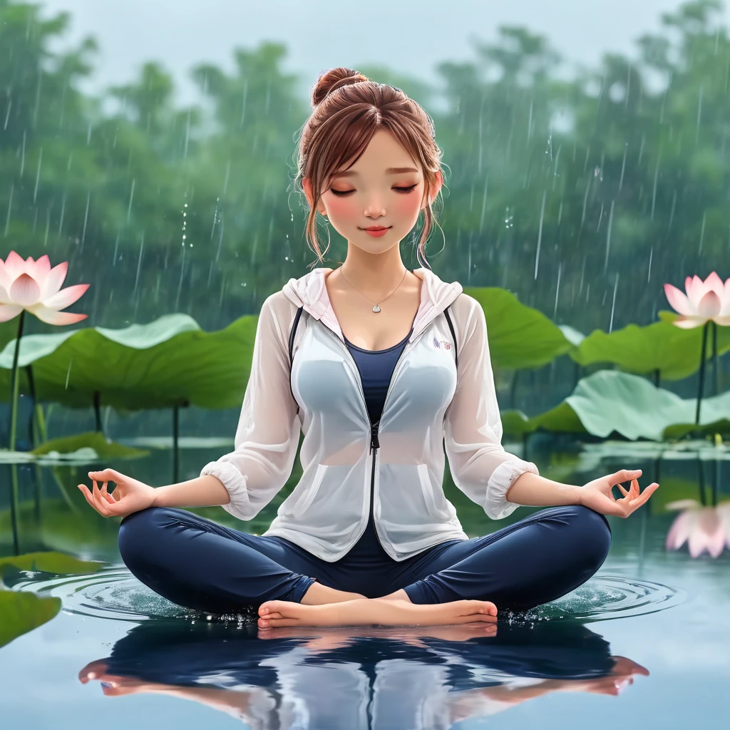 anna_lv1,lotus pose，cute，on the water，reflection，raining，Background blur,fullbody