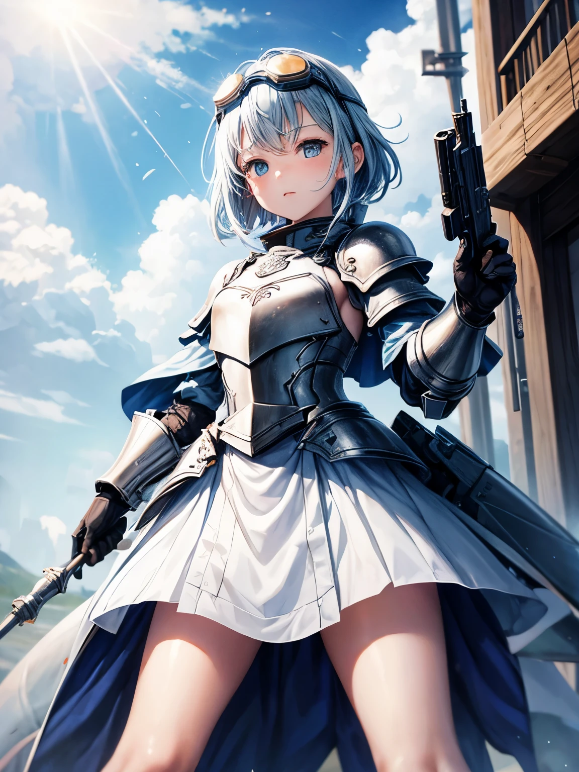 From below、Dressed in armor、15Year old girl、Pale blue shorthair、Put the goggles on your head、Hands are missiles