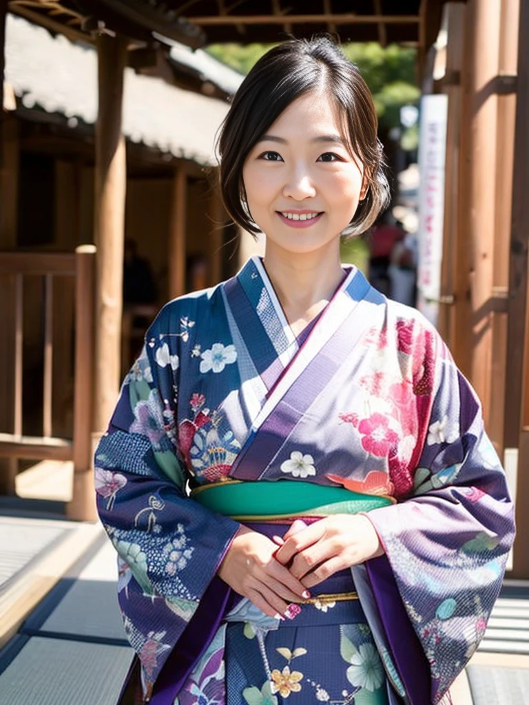 (top quality,masterpiece,ultra-detailed,photo realistic,Textured skin,anatomically correct,1.2),kimono,(45 years old),(Japanese mature woman),Focus on people,detailed face,Natural eyebrows,flat lighting,(1 girl),smile a little,in kyoto,