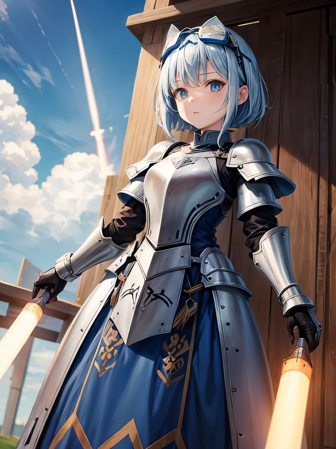 From below、Dressed in armor、15Year old girl、Pale blue shorthair、Put the goggles on your head、Hands are missiles