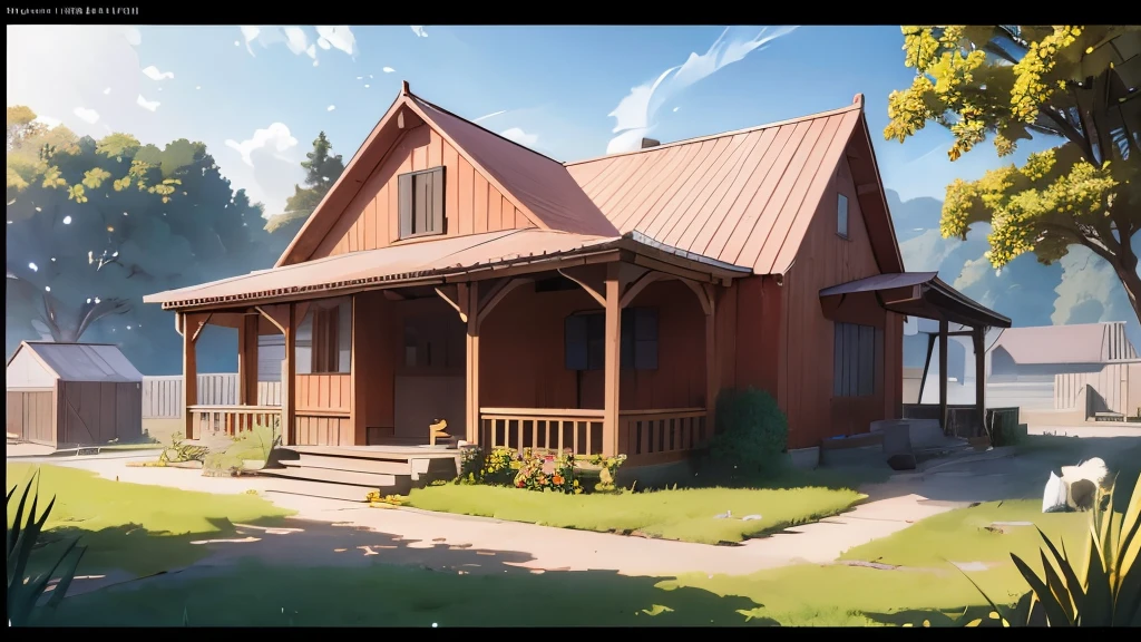 red house，architecture，Look around，It is a large integrated farm.，There are not only vegetables，melons，fruit，There are also many animals,pig，ox，sheep，3D high image quality，Miyazaki style，Cartoon Style，movie lighting effects，Horizontal screen lens，shadow, Relief, Stereogram, tachi-e, pov, atmospheric perspective, film lighting, 8k, Super Detail, precise, Best quality, UHD, Best quality, high resolution, high quality