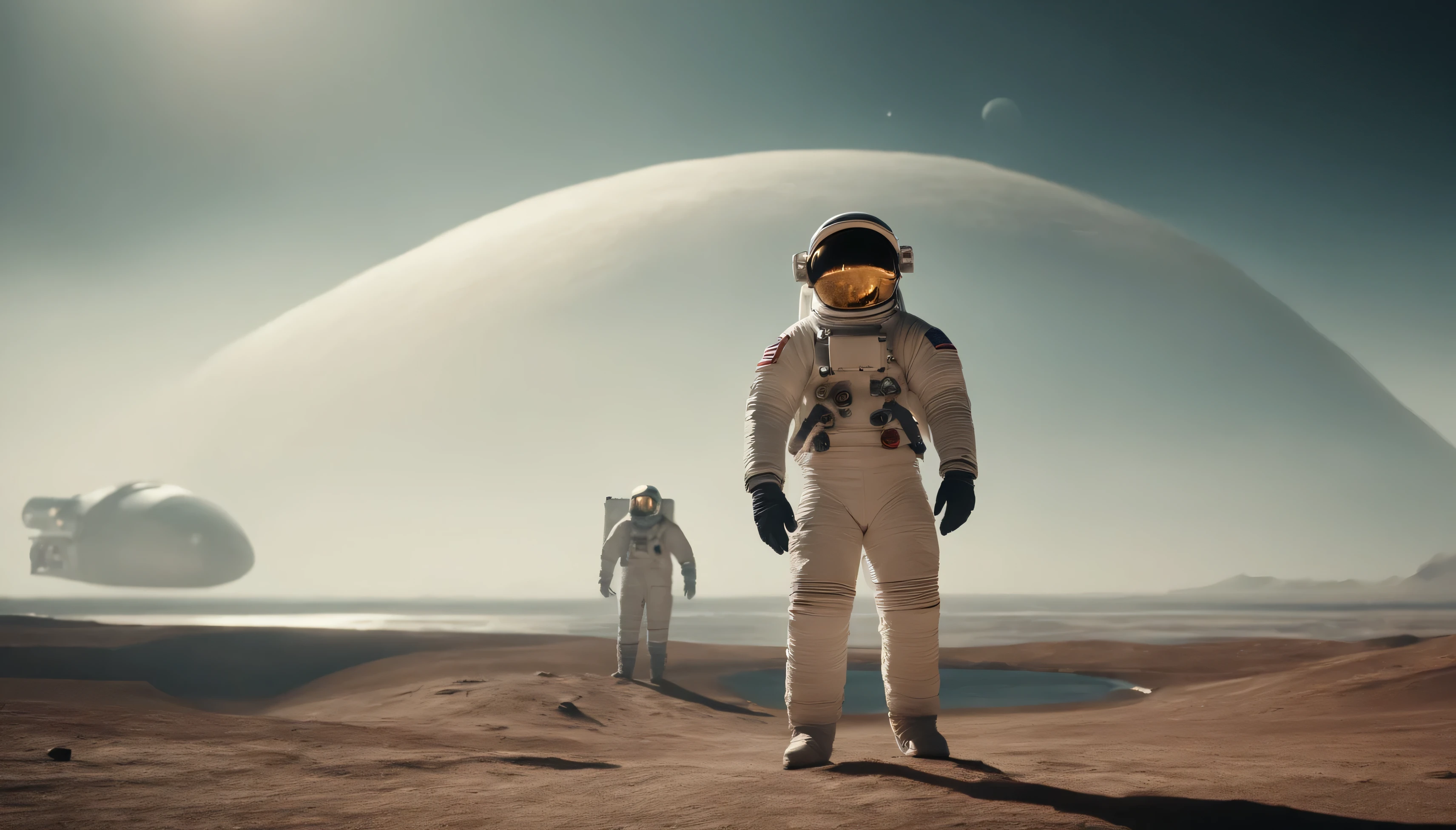 3 astronaut and their spaceship Standing on the planet's surface only with water, vintage style, very beautiful view of water