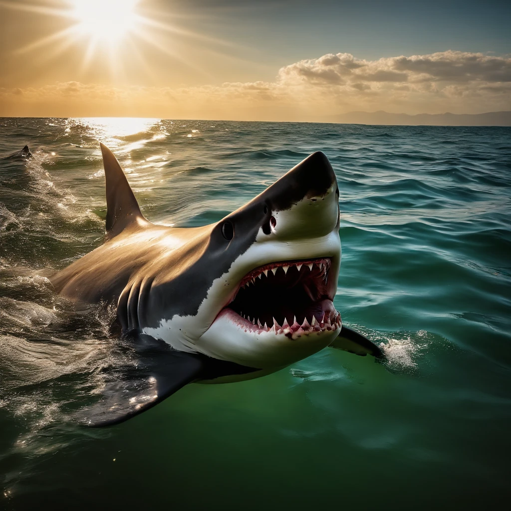 A shark head sticks out of the water, with sun shining overhead and an ocean in the background.