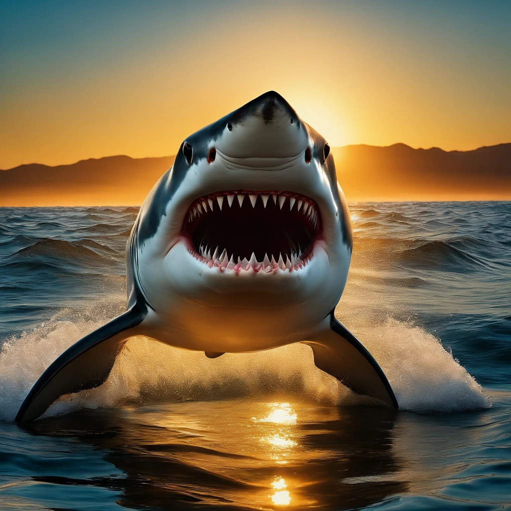 A shark head sticks out of the water, with sun shining overhead and an ocean in the background. 