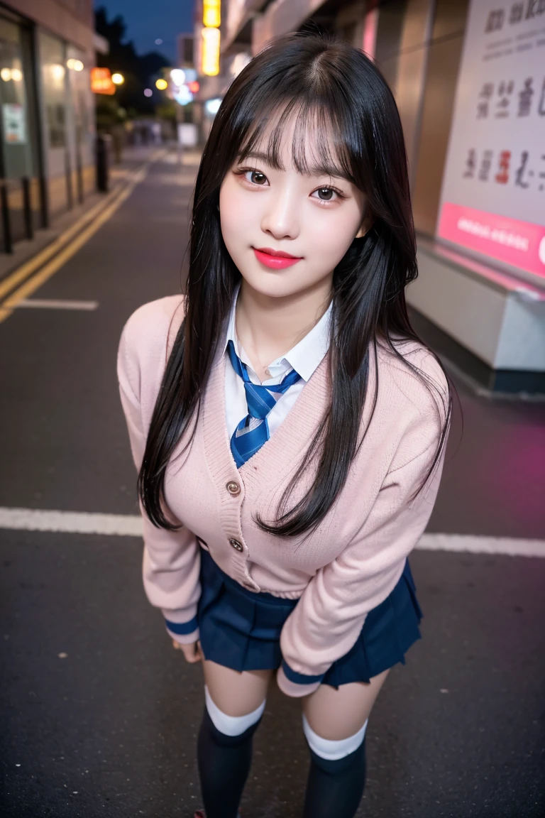 (8k), (highest quality: 1.2), (Realistic), (Realistic: 1.37), Ultra-high resolution, (1 girl, cute, smile, Mouth closed, Thick lips,Red lips,Beautiful details, Beautiful Nose, (Straight black hair), Giant Dulcefo, Self Snap,(school uniform),(Pink Cardigan),White shirt,tie,Check Pleated Skirt,(Blue knee-high socks),Standing in the city at night, From above,Face close-up,Thin Necklace,(Medium Shot:1.2),