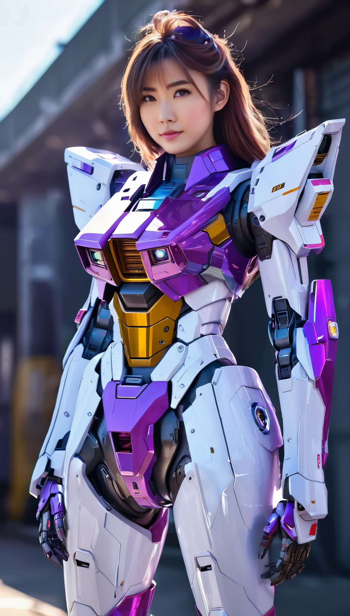 RAW, Masterpiece, Ultra Fine Photo,, Best Quality, Ultra High Resolution, Photorealistic, Sunlight, Full Body Portrait, Stunningly Beautiful,, Dynamic Poses, Delicate Face, wearing a mecha detector glass future transparent neon, Vibrant Eyes, a full body of a woman in a purple and white gundam custume, dybamic pose, long brown very very long hair rapunzel, girl in mecha cyber armor, portrait armored astronaut girl, d. va from overwatch, female mecha, on a gundam, gundam head, chiho aoshima color scheme, mobile suit, streamlined purple armor, fully robotic!! girl, realistic cosplay, gundam armor (dynamic pose) , full body, sit down, full body