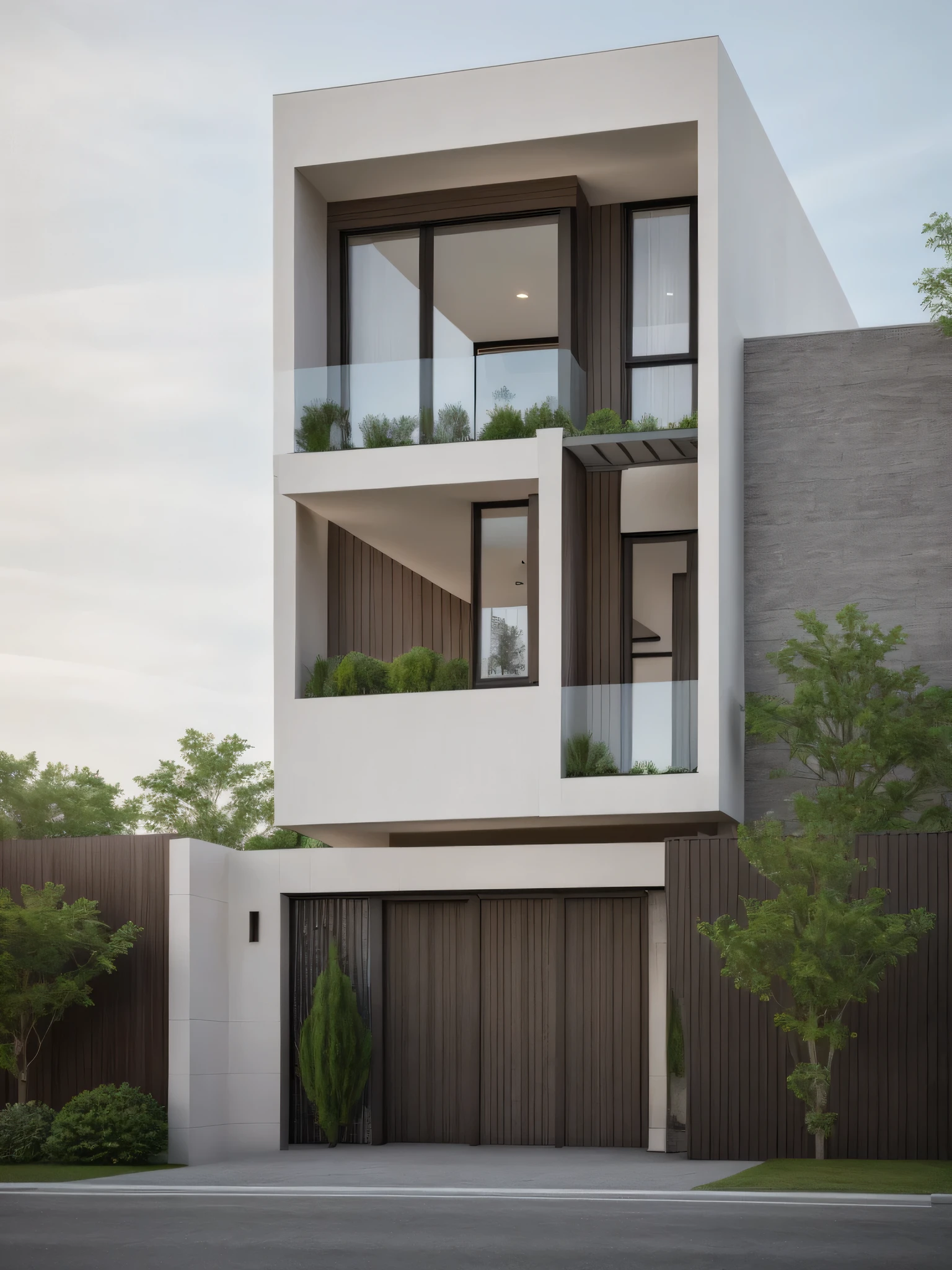 a rendering of a two story house with a garage and a balcony, front elevation view, frontview, elevation view, wide angle exterior 2022, complete house, exterior design, detailed rendering, mid-view, modern lush condo as shopfront, front elevation, front-view, overall architectural design, architectural concept, 3/4 view realistic, residential design