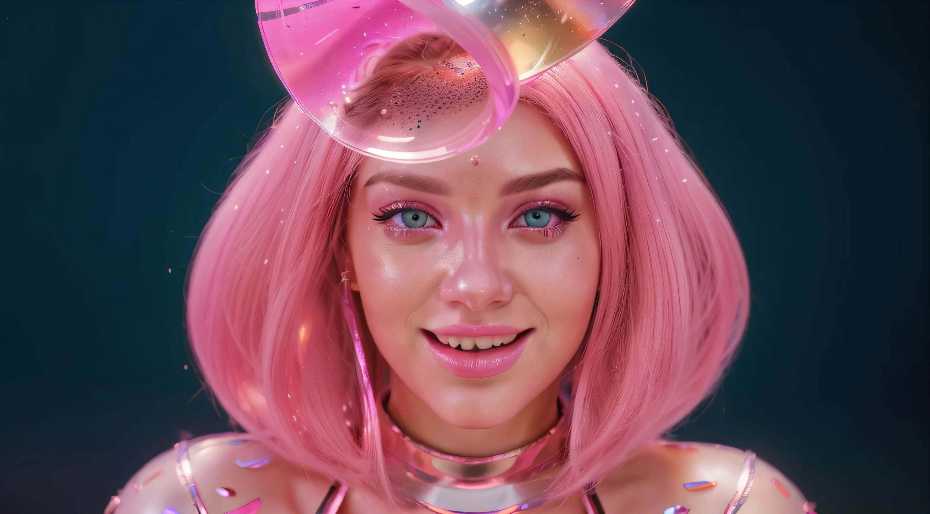 there is a woman wearing a pink wig with a pink ice cream cone on top, pink iconic character, close up character, closeup character portrait, loony tunes style, pink face, unreal engine : : rave makeup, digital art. big pink eyes, 3d illustration, 3 d illustration, candy girl, glossy texture, smooth 3d model, multiple light sources, rim light, sharp post effects render, (glossy plastic texture with multiple big light probe refractions), perfect cgi, smooth silhouette, high intensity refraction, (super glossy material), most beautiful vfx, blue background, plastic refractions, realistic, 4k, high resolution, rim light, photo shoot, commercial photo, profile shot, 4k, rim light, high resolution, 4k, glossy texture, smooth 3d model, multiple light sources, rim light, sharp post effects render, (glossy metallic texture with multiple big light probe refractions), perfect cgi, cgi art created only with gradients, smooth silhouette, high intensity refraction, (super glossy chrome material), most beautiful vfx, blue background, chrome metal refractions, multiple light sources, rim light, sharp post effects render, perfect cgi, digital art, detailed digital art, reflective, best quality, 4k, masterpiece:1.2, ultra-detailed, realistic, vivid colors, dark and moody lighting, The image of the highest quality, ensuring every detail showcased perfectly. It in 4k resolution, allowing viewers to immerse themselves in the richness of the colors and intricate details. The realistic rendering. under the spotlight, reflecting, high-resolution image, realistic rendering, dark background, and rim light photorealistic