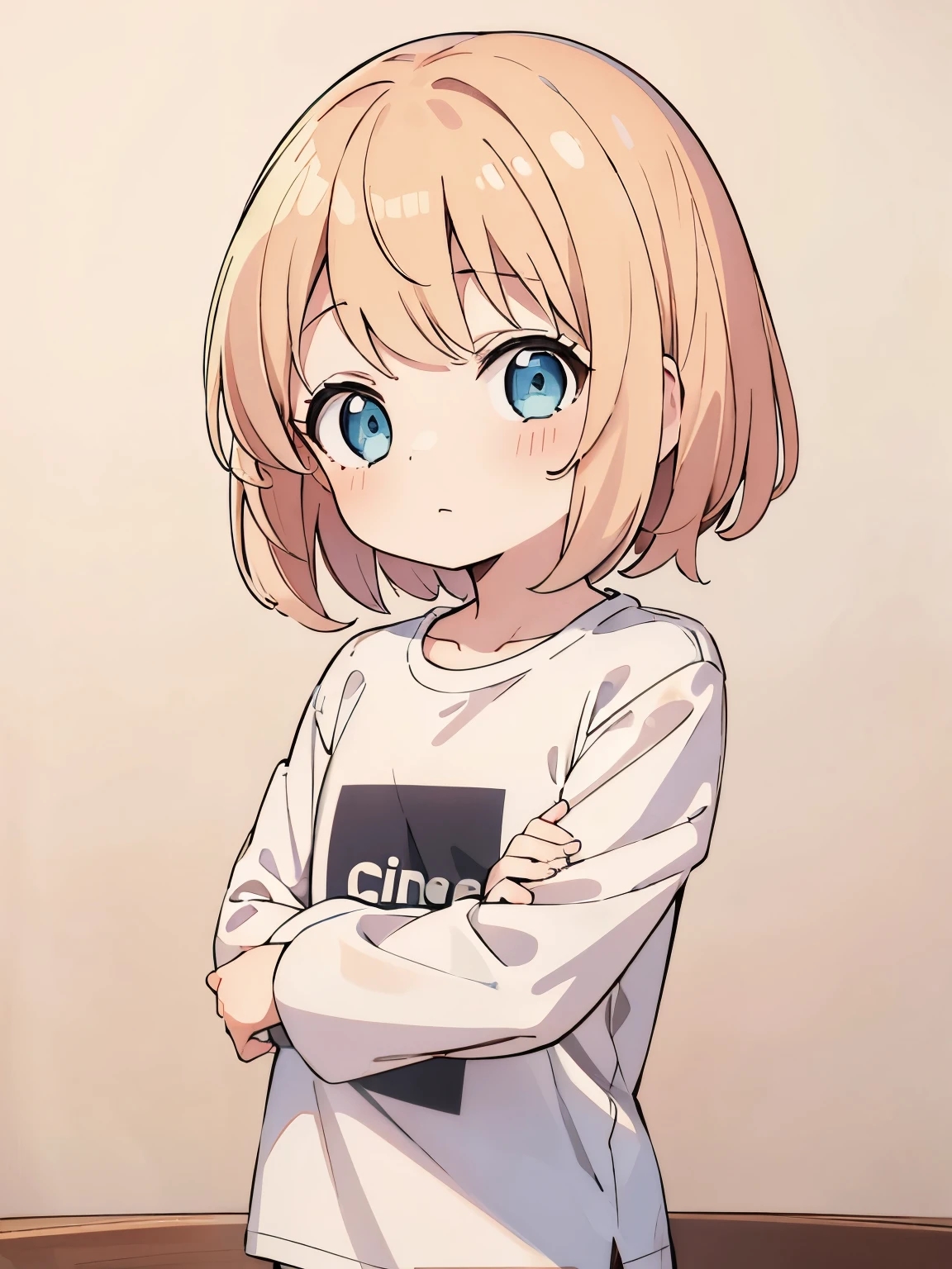 1girl,6 years old,blonde hair, blonde hair,short hair, blue eyes,Long sleeve t-shirt, white t-shirt, white trousers,very cute, very short hair, side bangs,ultra detail, ultra HD