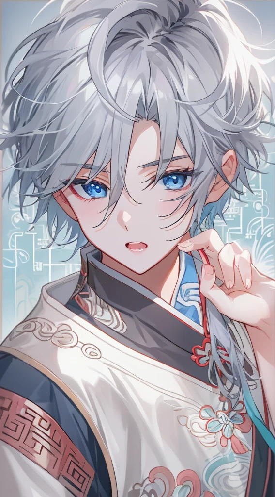 tmasterpiece，Need，Ultra-high resolution，shoun，Chinese ancient style，(Short silver-gray hair)，blue color eyes，Libido boy,adolable