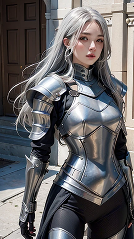 Realistic, High resolution, 1 female, alone, Hip Up, Displaying the viewer, (Detailed face), Gray Hair, Long Hair, knight armor
