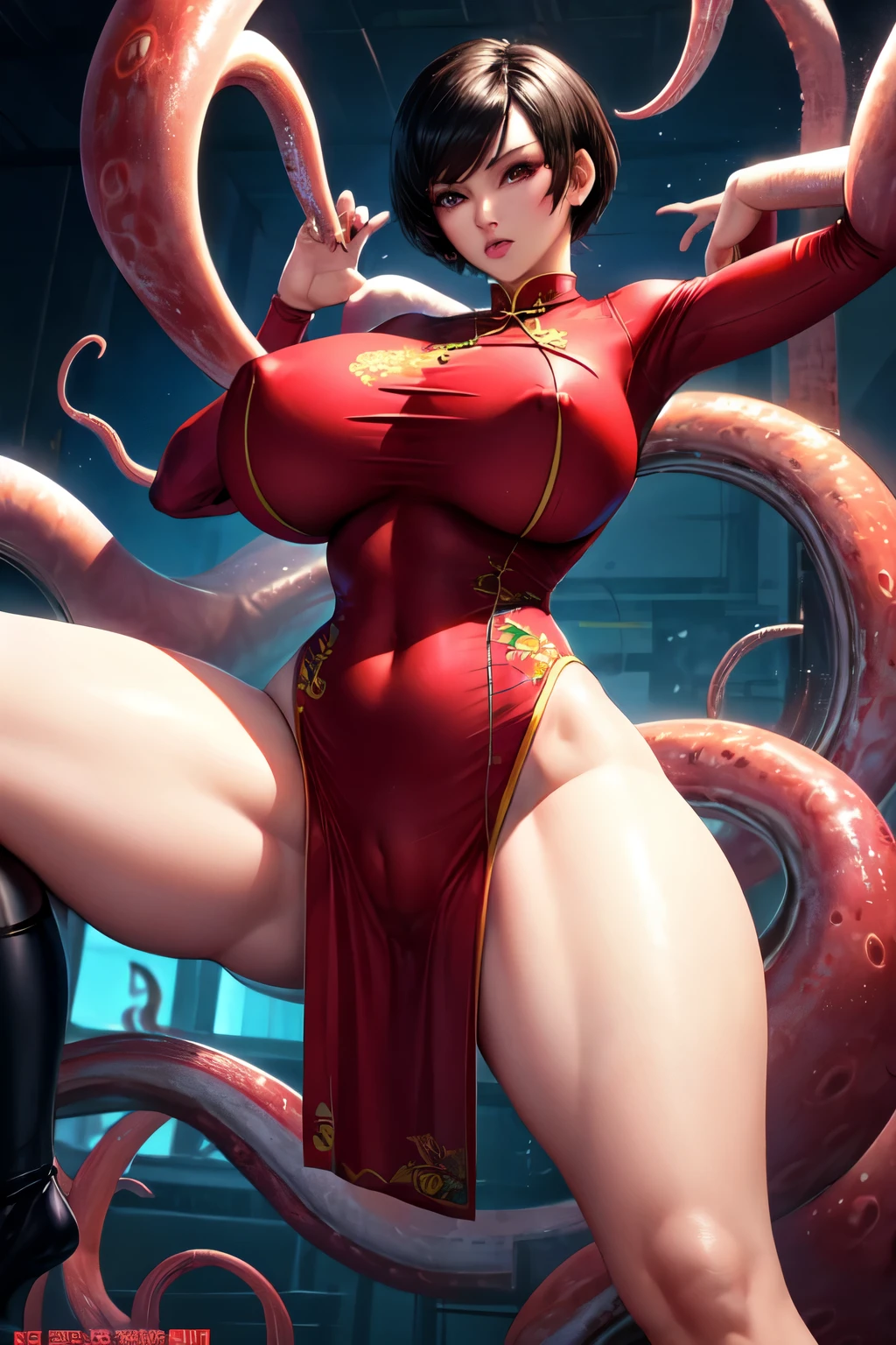 Gigantic Massive nipple, Gigantic Massive , related ada wong in dark chemical laboratory, long cheongsam, Gigantic massive , open legs, tentacles,