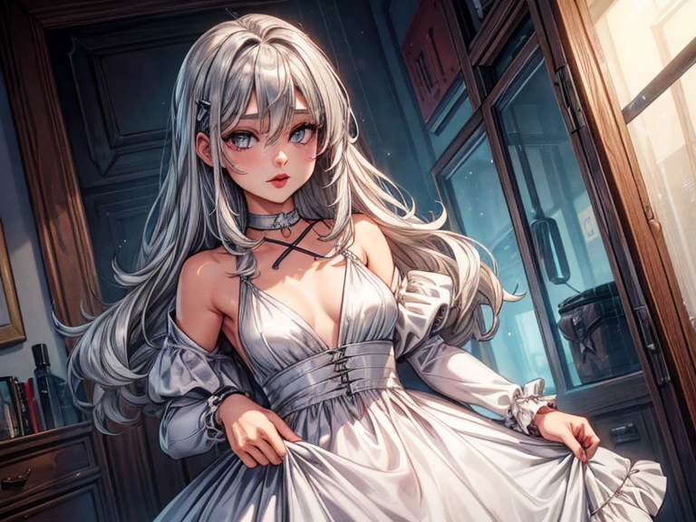 (masterpiece), best quality, expressive eyes, perfect face,mature woman,cleavage,large breasts,white and black evening gown,(bare shoulders),(bare arms),expressionless,city street,(night:1.1),soft shadows,(starry sky:1.1),cowboy shot,long sleeves,snow,winter,hand up, braid, very_long_hair, earrings, tassel, grey_hair, jewelry, hair_ornament, hair_over_one_eye, bangs, long_hair