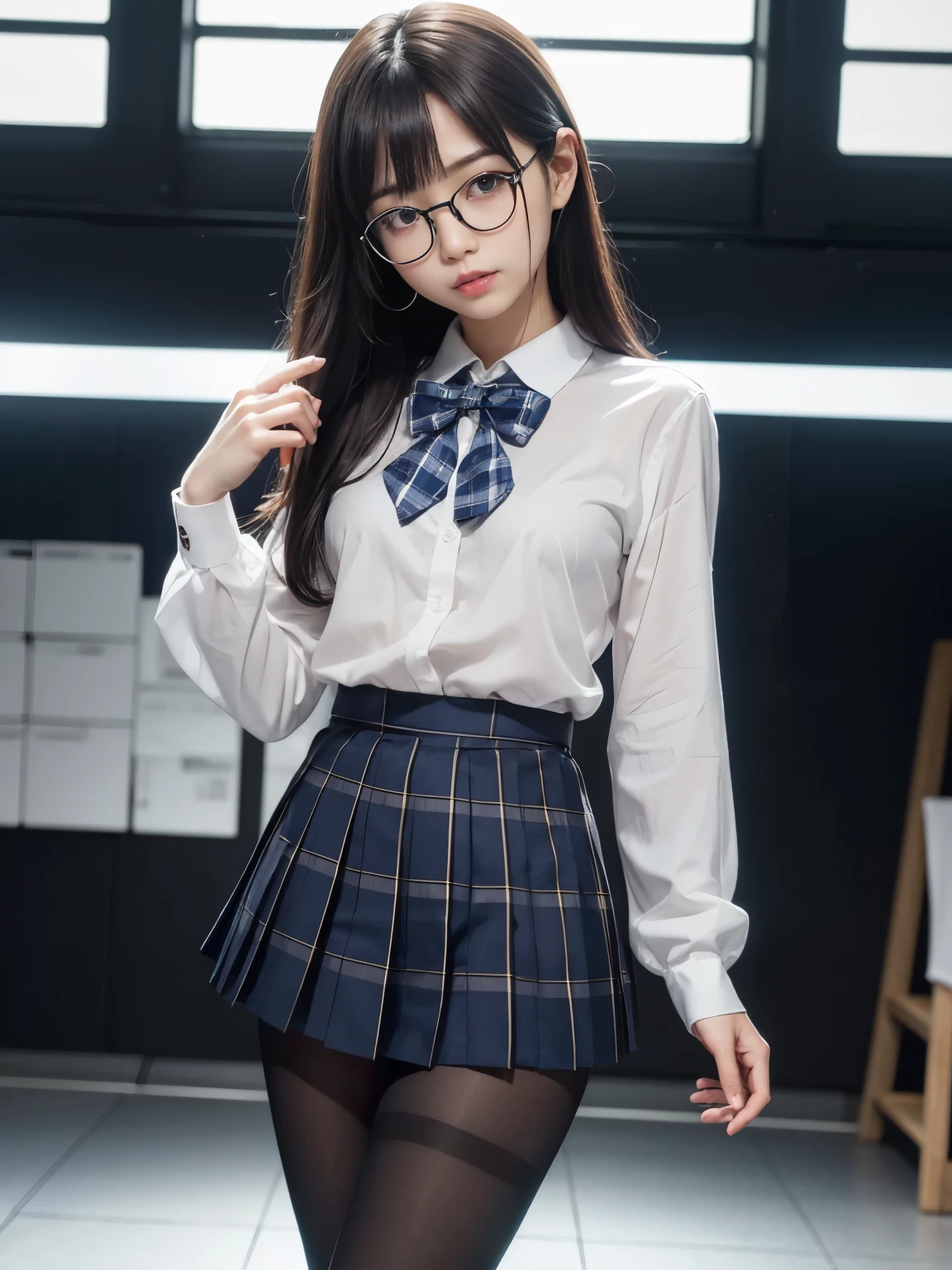 (I can see your underwear),(8K、Writing、Highest quality、masterpiece:1.2),Confused eyes、Half an eye、Are standing、Glamour,Chromo - White skin,Saucy,School,Watching the audience,Looking at the front,Plump,Erotic,pupil,depereblanca,Kune,((Black Pantyhose)),((Black Pantyhose)),Disorganized,Small face,,Flat chest,前hairを真ん中から分けて、The forehead is visible,(Cold look,Tight eyes,Glare,strong,Are thin,Sobbing,irascible)、masterpiece,Highest quality、Ultra-high resolution、Writing真、Benevolence、beautiful shit、one person、solo、Glasses、Dark Look、Small breasts、ふくよかなbody、丸Glasses、JK、high school girl、Japanese women、Are standing、(PhotoReactive:1.37)、Photon Mapping、Real、Beauty、Cute face、Brown eyes、Black socks、(Red bow tie)、Radio City、Physically Based Rendering、Depth of written boundary、blurred background、image、body、Beautiful feet、Long legs、Thin legs、(前hairが見える)、hair、lips、Blue_The目、nose、(Light blue shirt)、(Navy, blue and white plaid pleated skirt)、I can see your knees、transparent clothes、Thighs、black cotton socks、Nogizaka Idol、、Japanese Idols