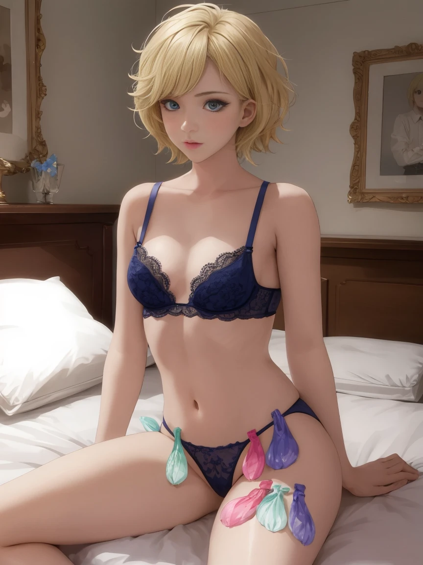 1girl, crossdressing, anime, beauty, small breasts, short hair, blonde hair, blue eyes, lingerie, bedroom, sexy pose, Condom belt, sit on bed