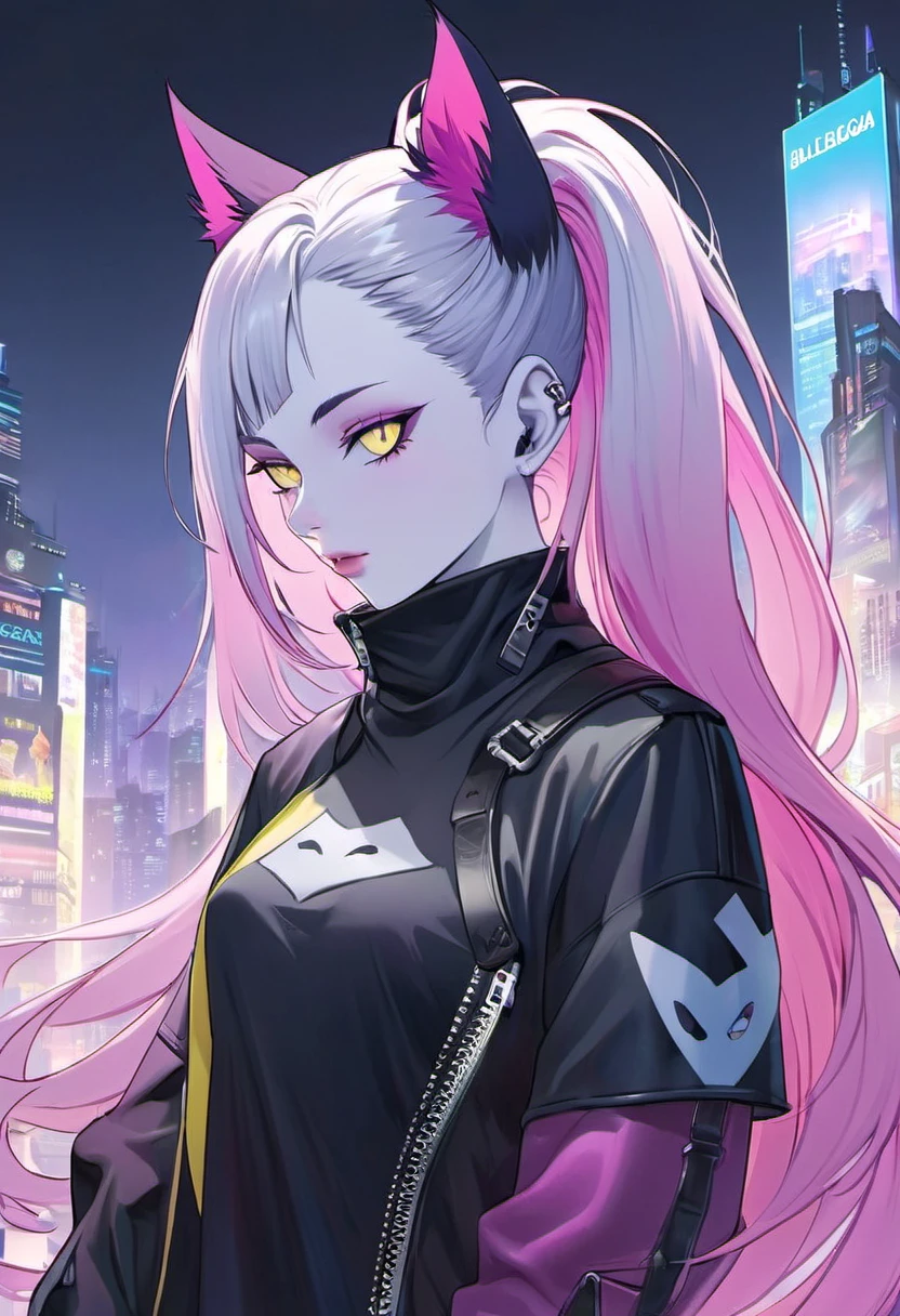 masterpiece, highest quality, (alone focus), (Perfect Face:1.1), (Attention to detail:1.1),dramatic, 1 person, (Pale skin), Long purple to light pink gradation, Yellow Eyes, [Thin eyebrows], alone, Long Hair, Black fox, night, Punk Rock,  Future City, Detailed Background, art：artgerm と greg rutkowski,, fashion, Balenciaga Style